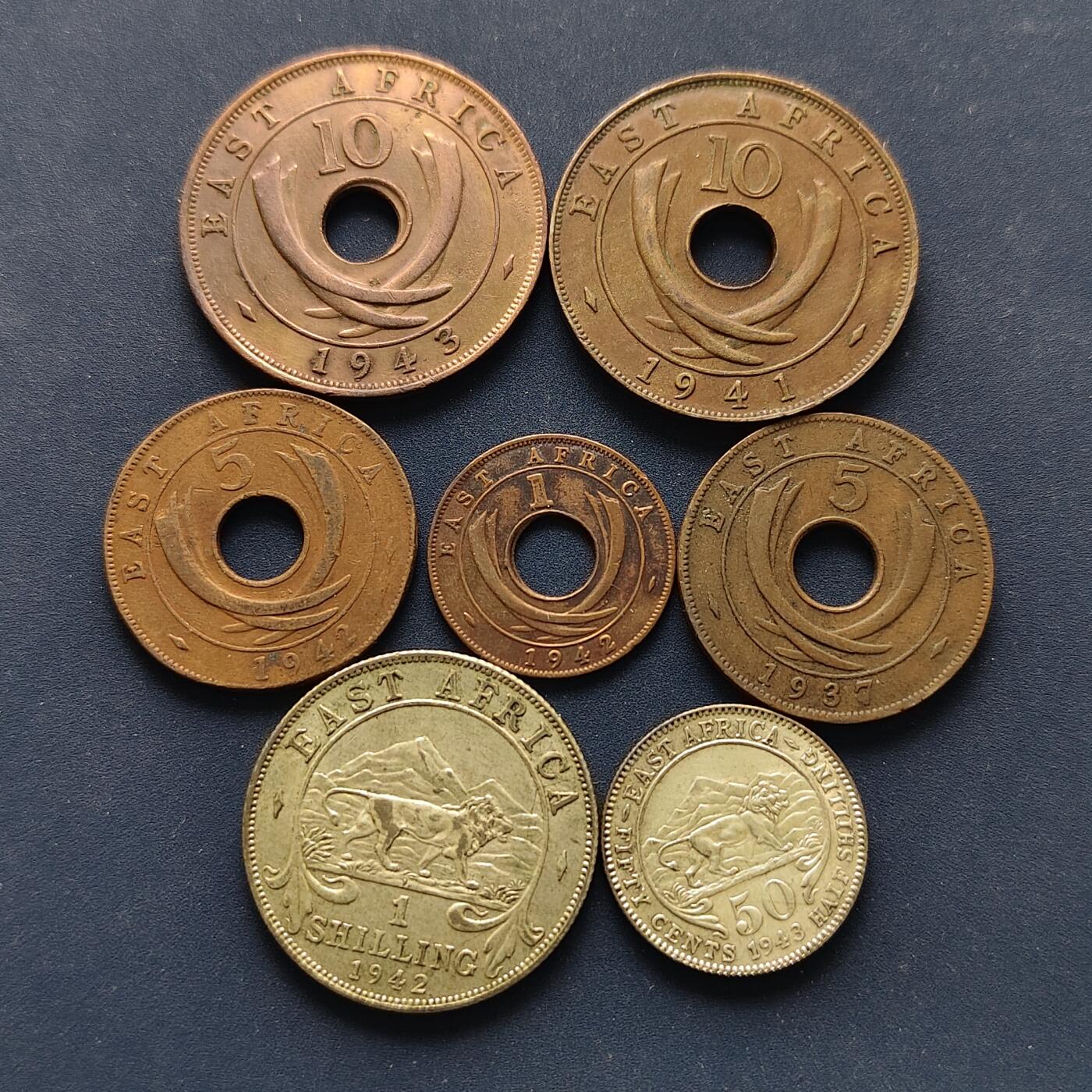 【全场包邮】纯粹捡漏拍494场 东非1937-1943年乔治六世8枚套币（KM25.1/25.2/26.1/26.2等不同版本）-含2枚银币