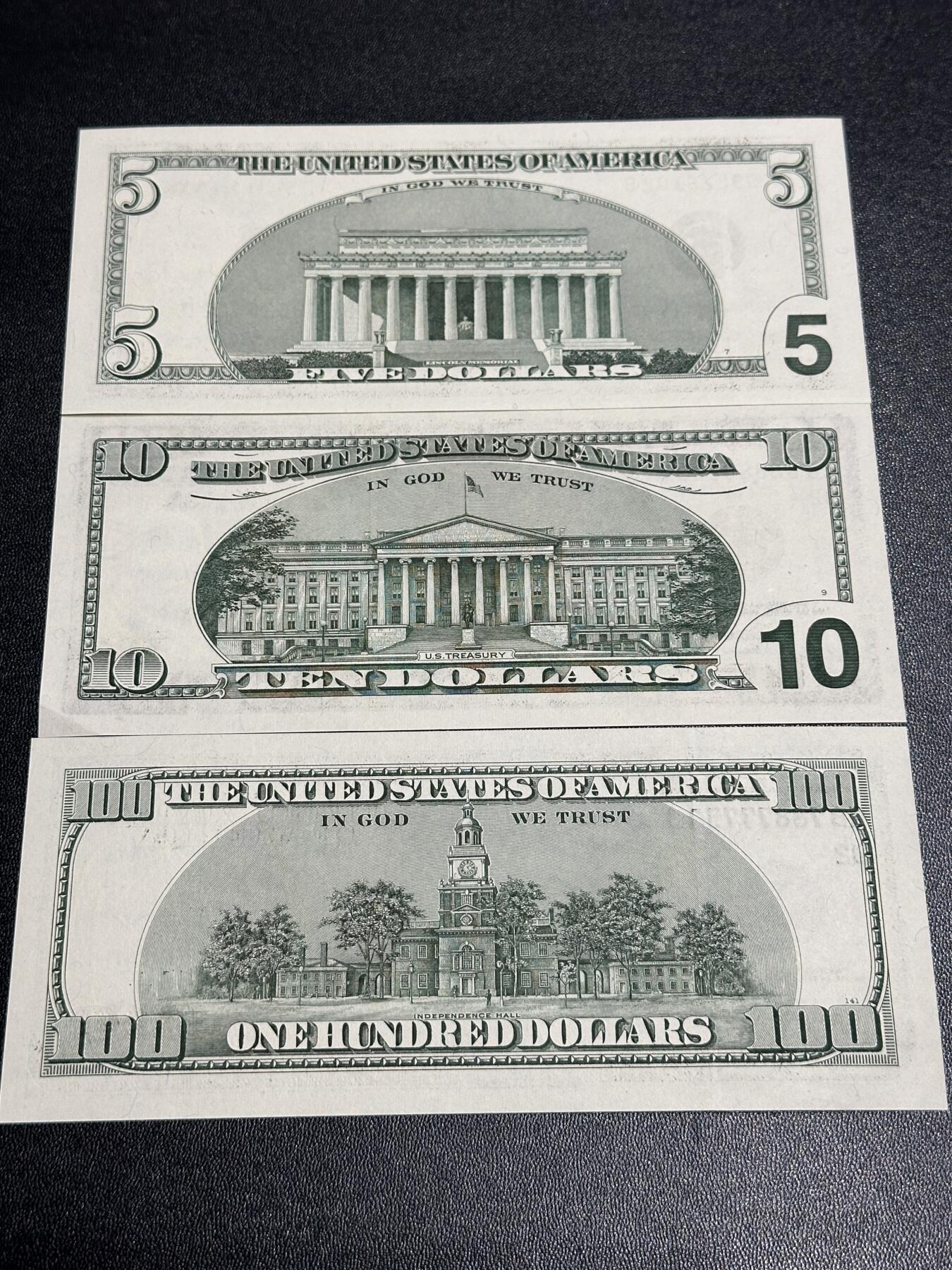 《外钞收藏家》第六百零二期（精品场）（本平台长期征集拍品、欢迎藏友们联系合作） 美国大头版5、10、100美元 3张一起 除了10元一个角软折 其他全新很绝