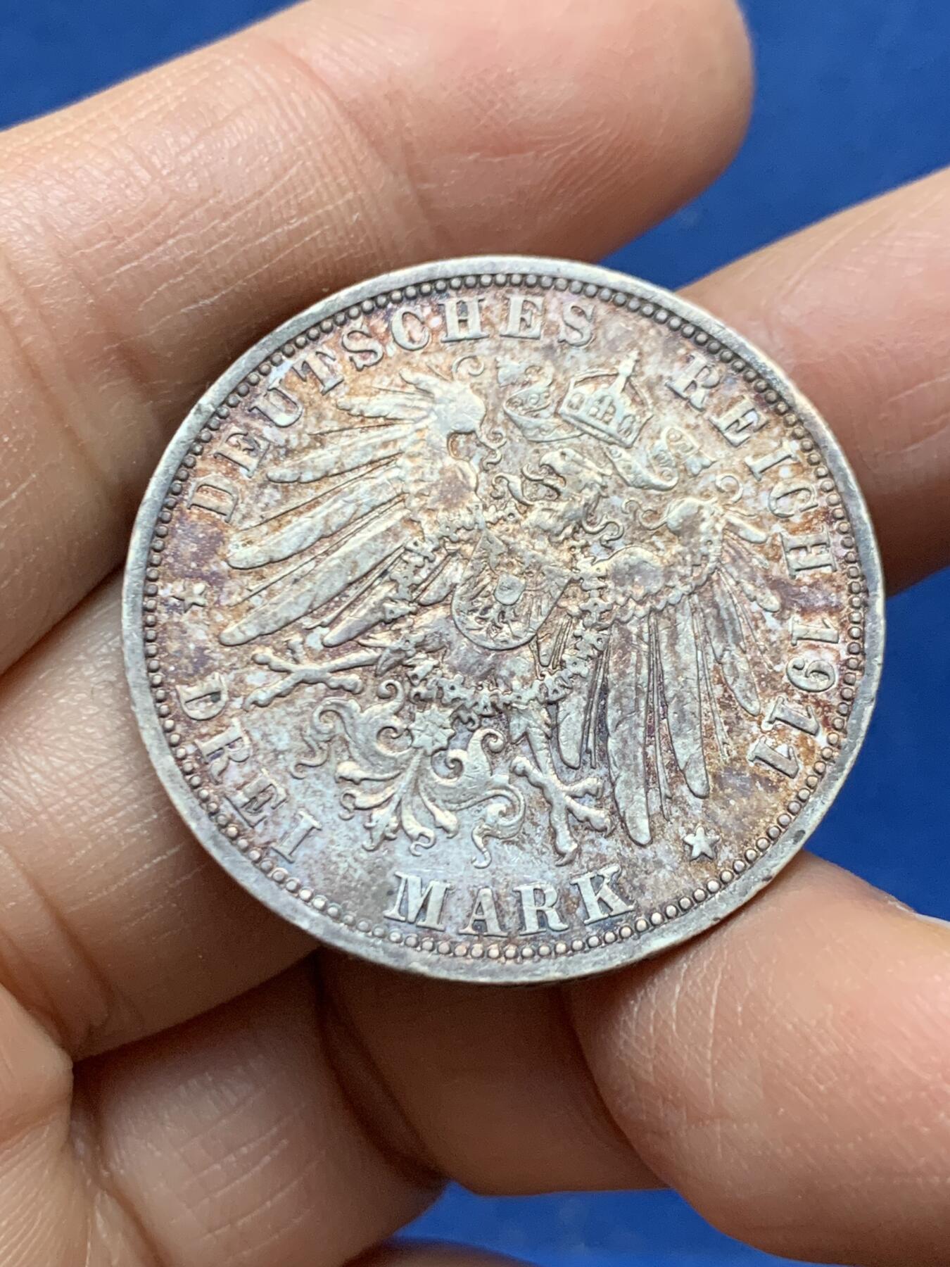 《竞宝斋》第456场 周日，周一，周二   3场连拍 （全场包邮）欢迎送拍 德国普鲁士1911年威廉二世流通3马克银币