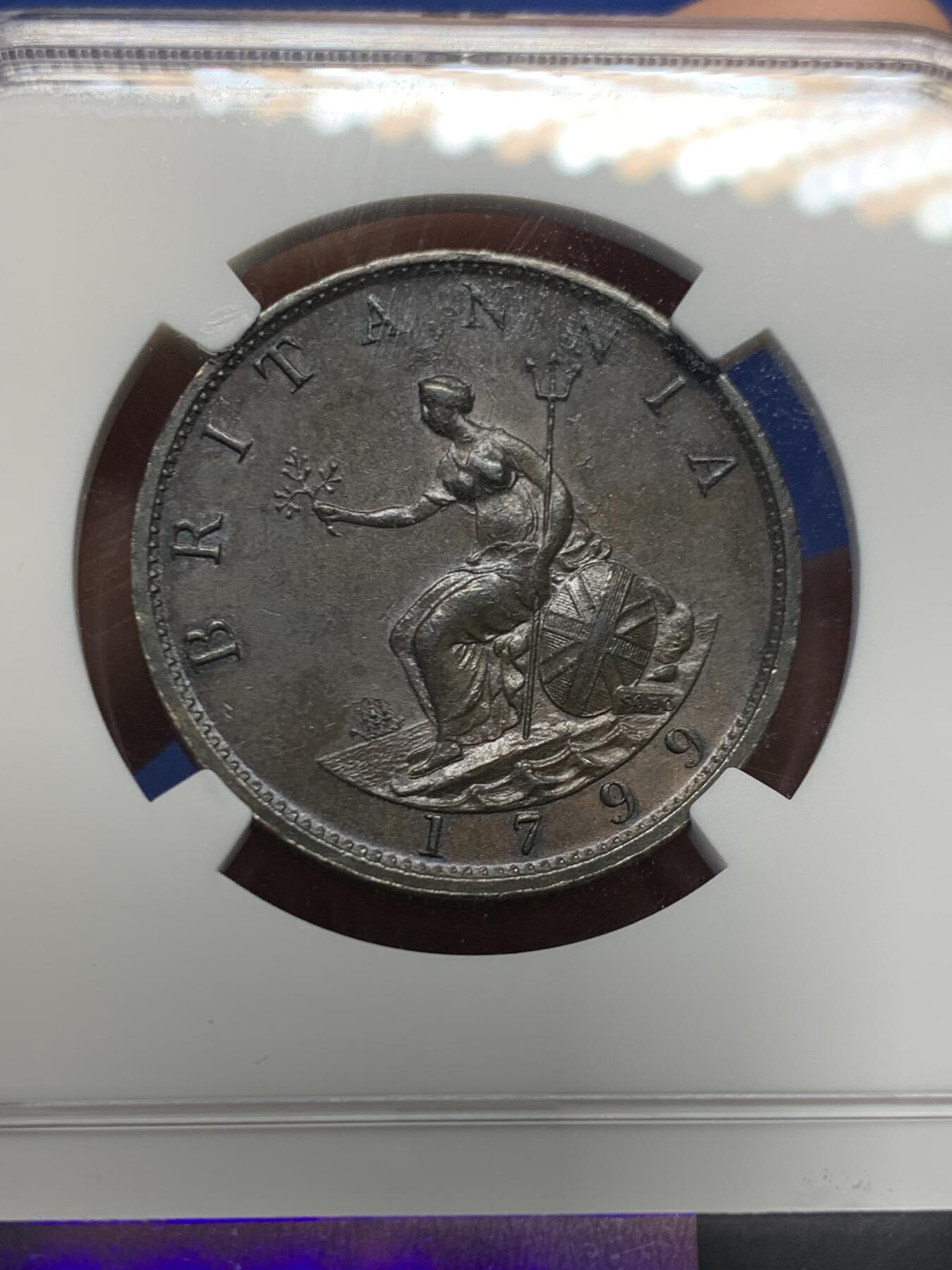 《竞宝斋》第456场 周日，周一，周二   3场连拍 （全场包邮）欢迎送拍 NGC AU58BN 英国 1799年 乔治三世 1/2便士铜币。铸造于Soho造币厂，采用了瓦特提供的蒸汽动力制造