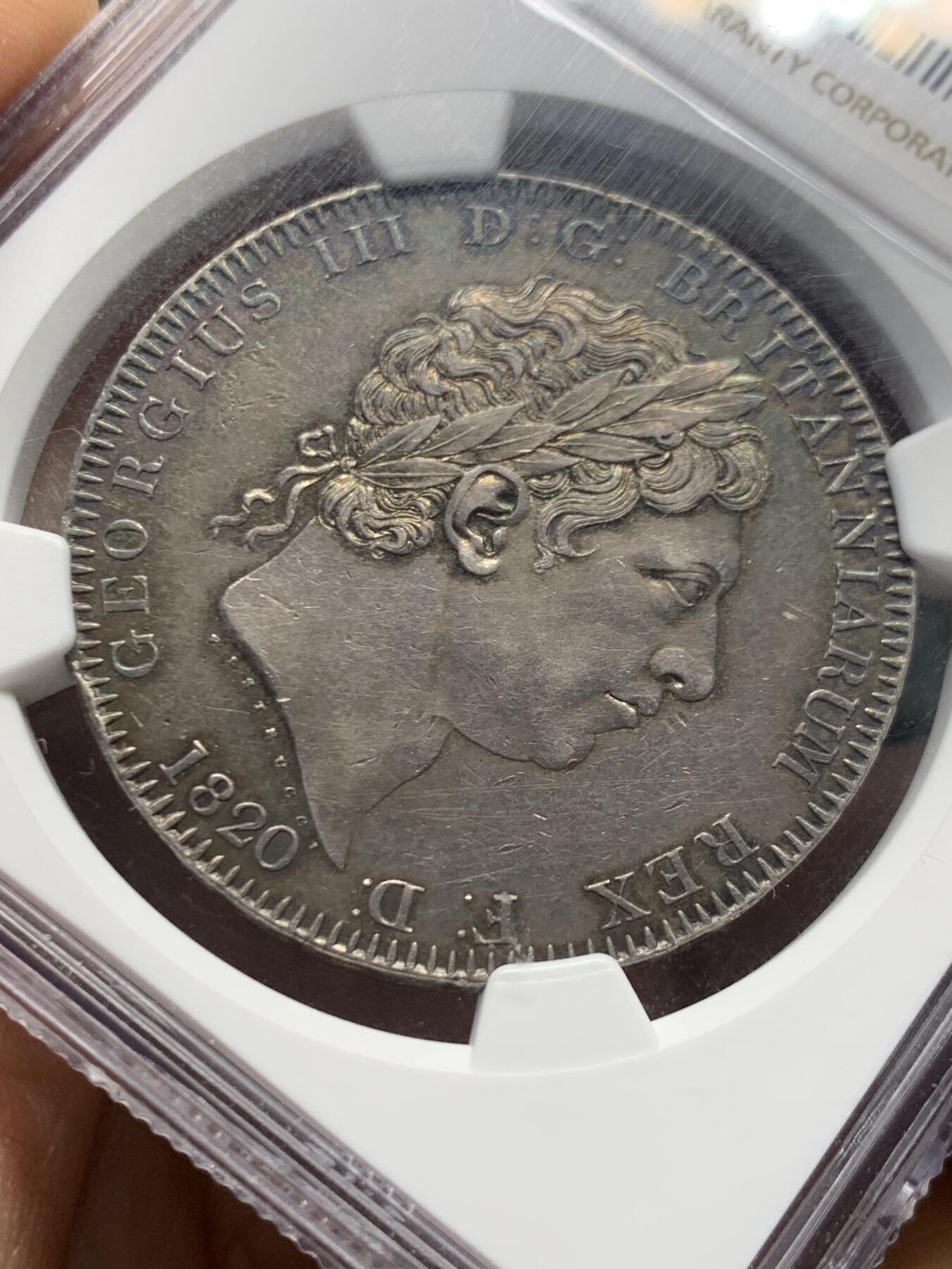 《竞宝斋》第456场 周日，周一，周二   3场连拍 （全场包邮）欢迎送拍 NGC AU58 英国1820乔治三世马剑克朗，英伦包浆