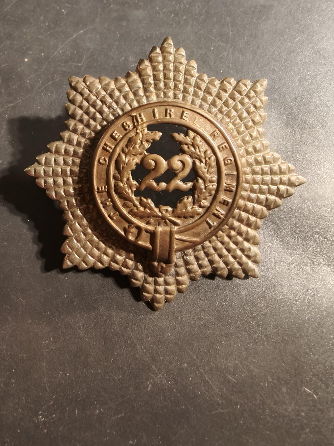 老王徽章第176期 英国第22步兵团帽徽      使用时间1881前版本，该团1881年合并成为柴郡步兵团