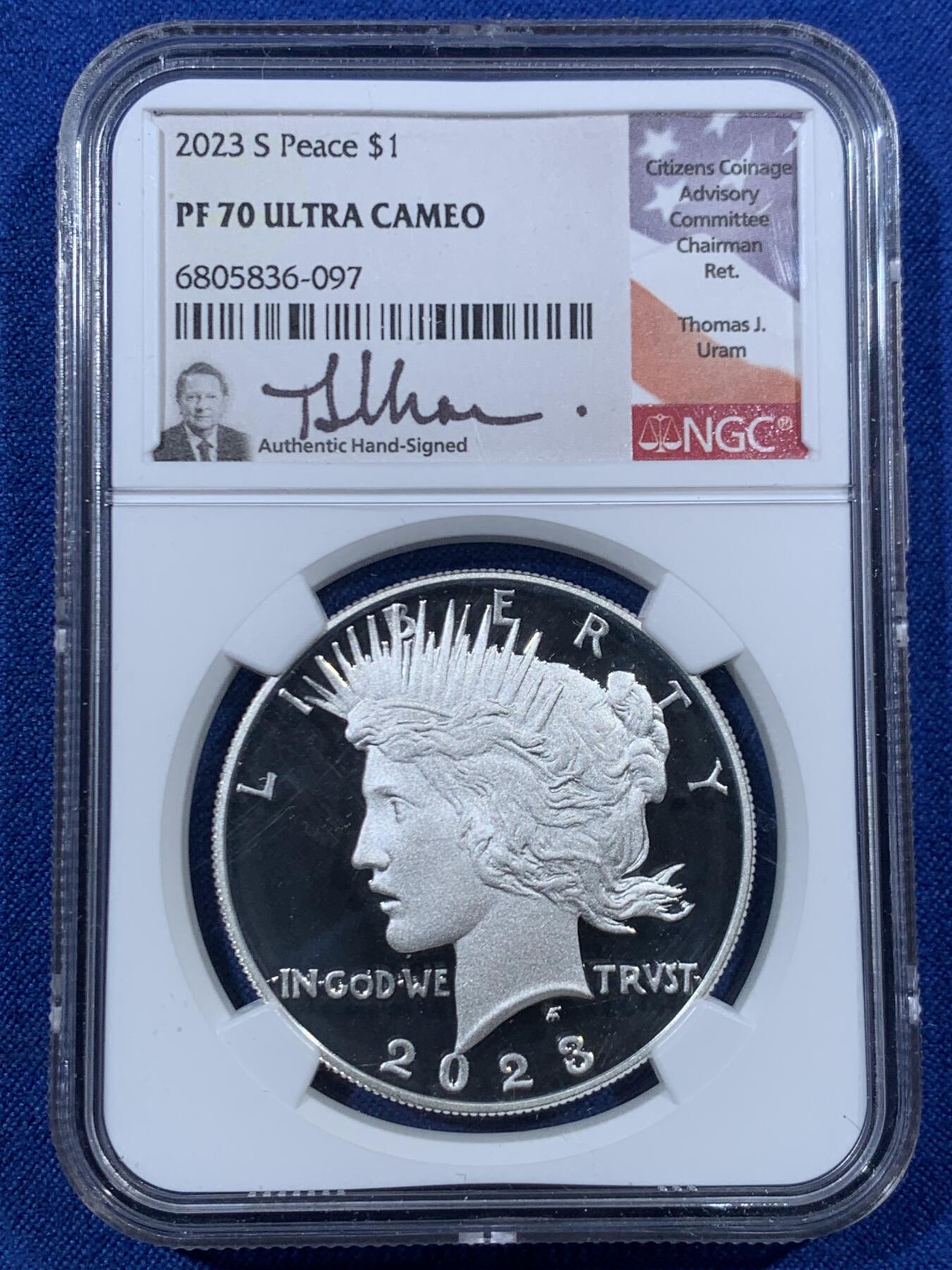 《竞宝斋》第456场 周日，周一，周二   3场连拍 （全场包邮）欢迎送拍 NGC PF70UC 美国2023年S版和平999纯银，罕见70分满分精制币，镜面高浮雕，美国公民铸币咨询委员会主席Thomas J. Uram特殊标签