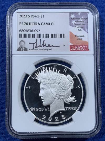 《竞宝斋》第456场 周日，周一，周二   3场连拍 （全场包邮）欢迎送拍 - NGC PF70UC 美国2023年S版和平999纯银，罕见70分满分精制币，镜面高浮雕，美国公民铸币咨询委员会主席Thomas J. Uram特殊标签