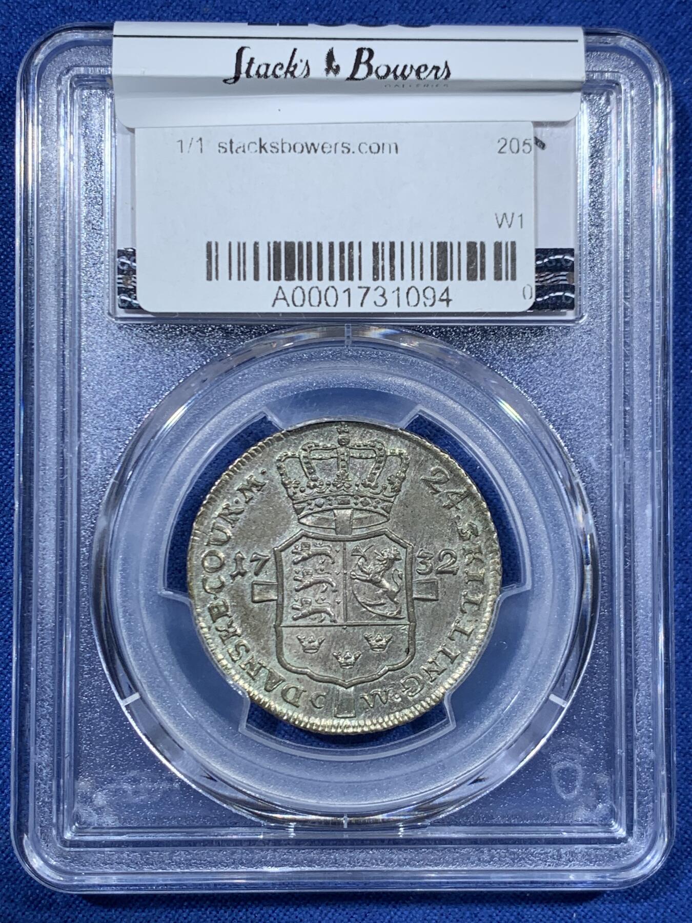 《竞宝斋》第456场 周日，周一，周二   3场连拍 （全场包邮）欢迎送拍 PCGS AUD 丹麦 1732年 24Sk 银币 克里斯蒂安六世在位时期发行 克书价高 细节不错 稀少品种 盒子正面标签处有刮痕