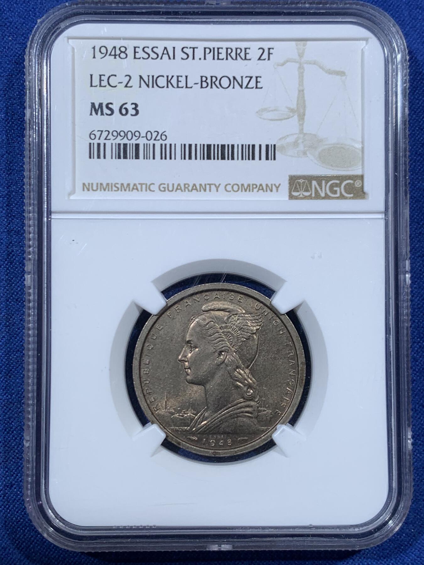 《竞宝斋》第456场 周日，周一，周二   3场连拍 （全场包邮）欢迎送拍 NGC MS63 法属圣皮埃尔和密克隆1948年2法郎 季军分