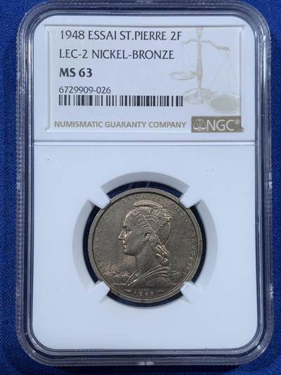 《竞宝斋》第456场 周日，周一，周二   3场连拍 （全场包邮）欢迎送拍 - NGC MS63 法属圣皮埃尔和密克隆1948年2法郎 季军分