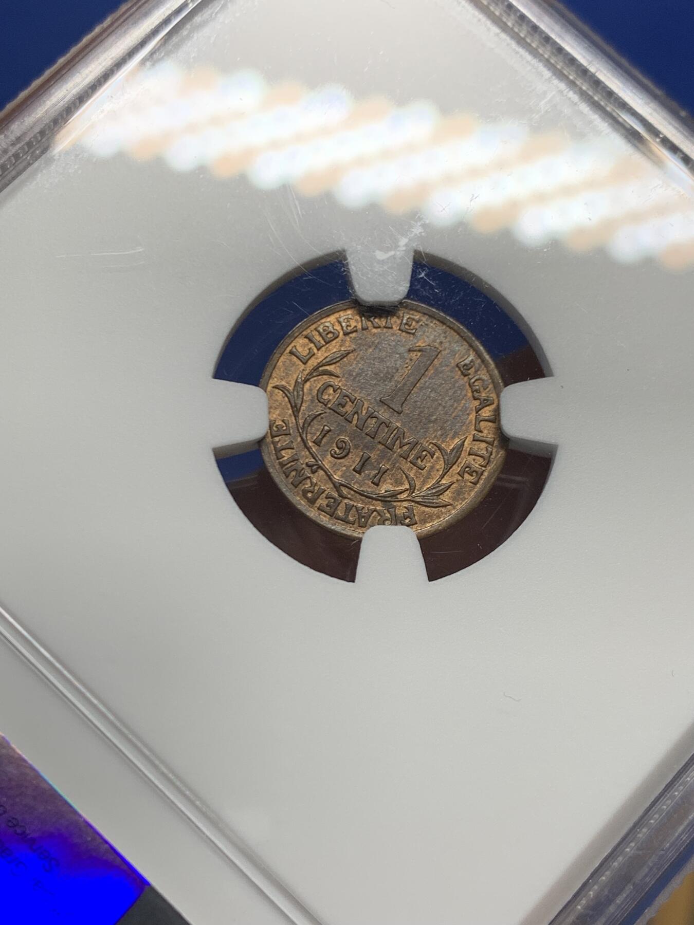 《竞宝斋》第456场 周日，周一，周二   3场连拍 （全场包邮）欢迎送拍 NGC MS63BN 法国1911年1分铜币