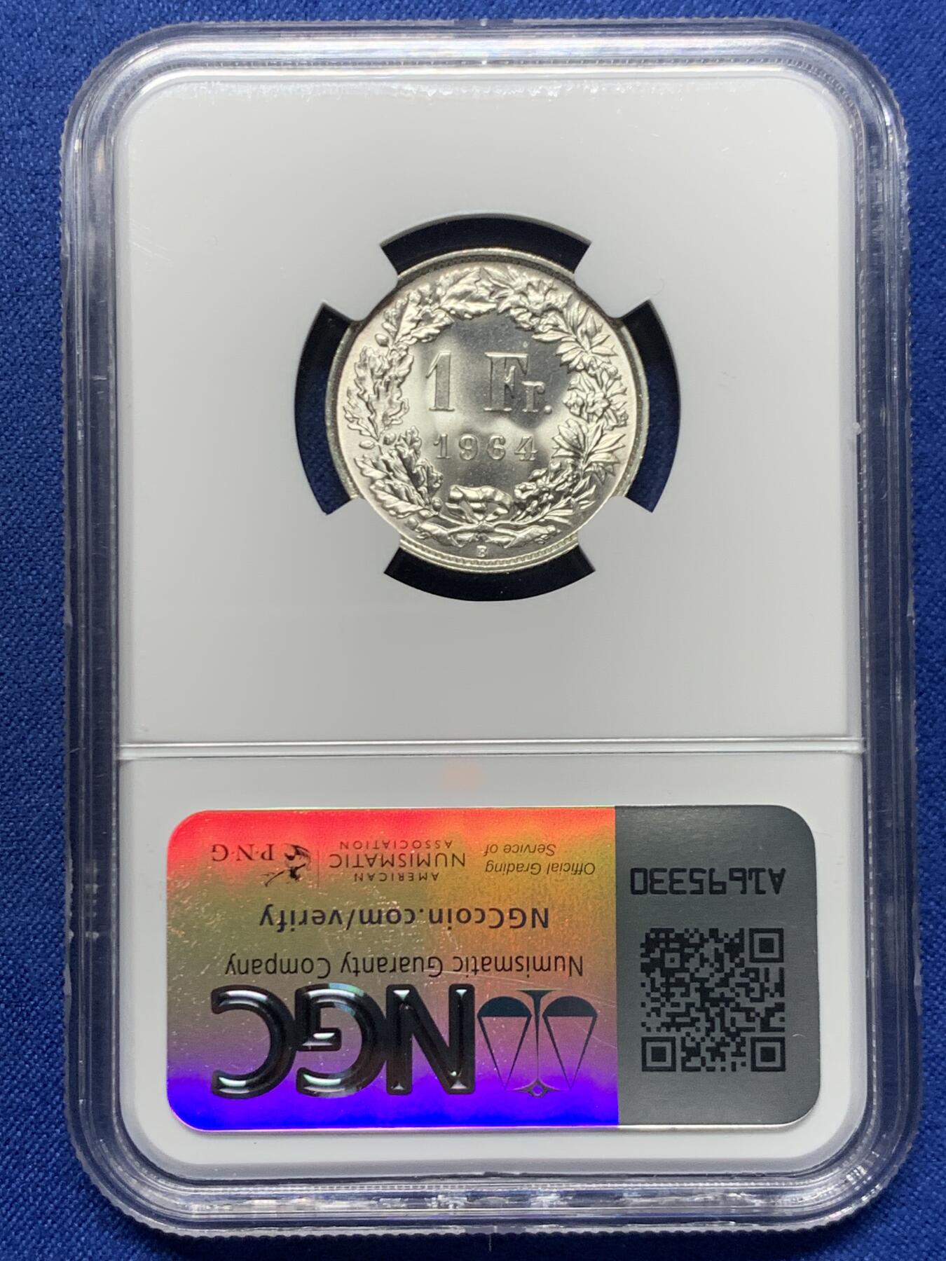 《竞宝斋》第456场 周日，周一，周二   3场连拍 （全场包邮）欢迎送拍 NGC MS64 瑞士1964年1法郎银币