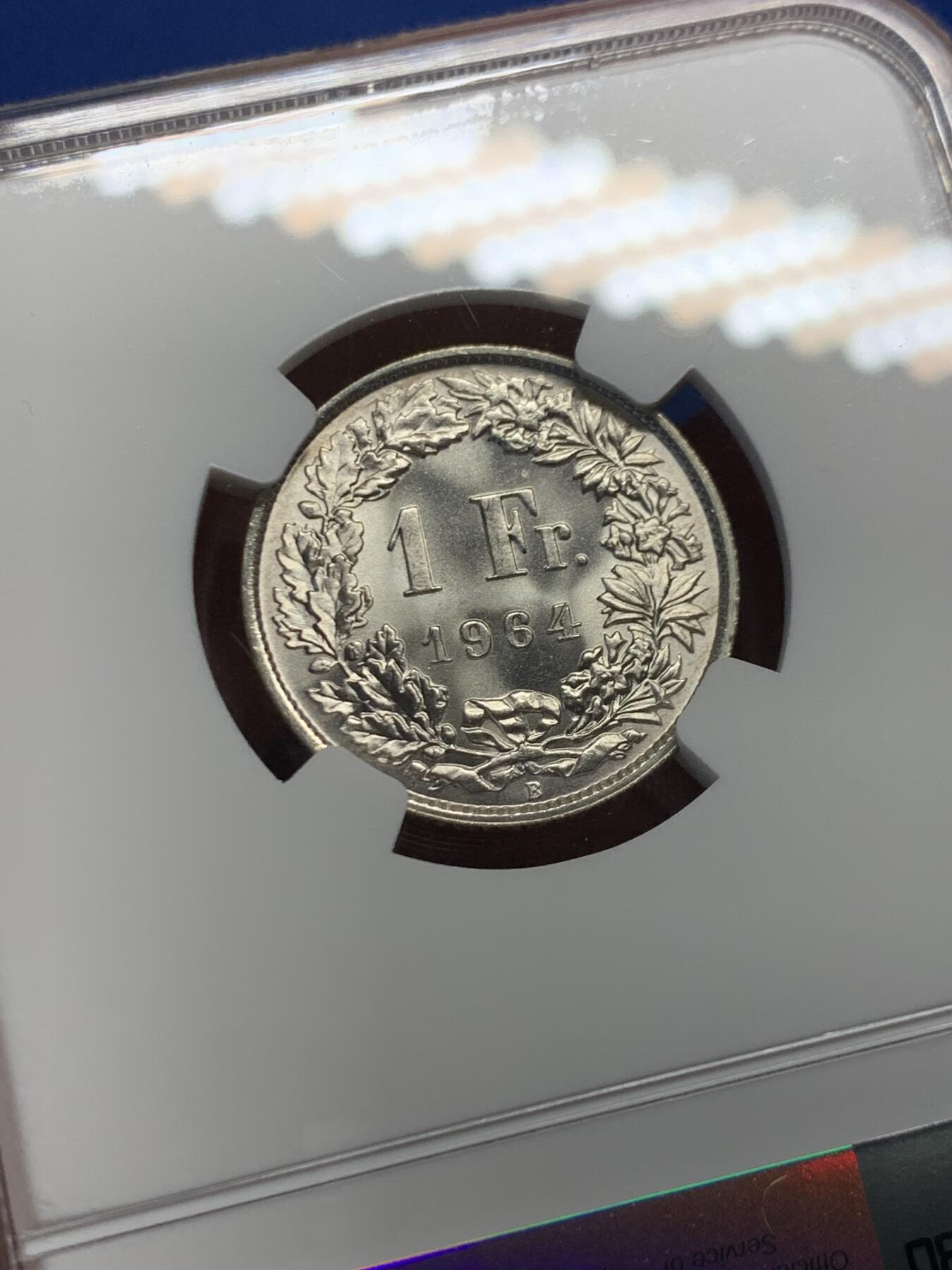 《竞宝斋》第456场 周日，周一，周二   3场连拍 （全场包邮）欢迎送拍 NGC MS64 瑞士1964年1法郎银币