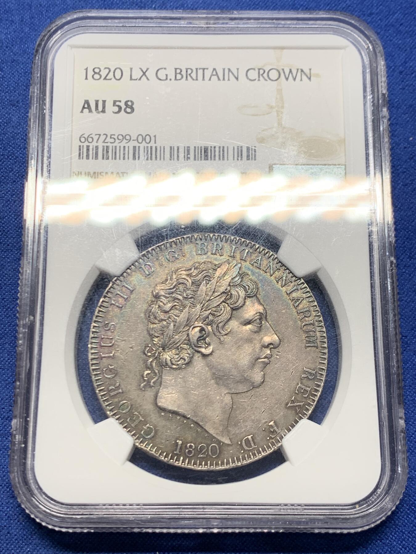 《竞宝斋》第456场 周日，周一，周二   3场连拍 （全场包邮）欢迎送拍 NGC AU58 英国1820乔治三世马剑克朗，英伦包浆