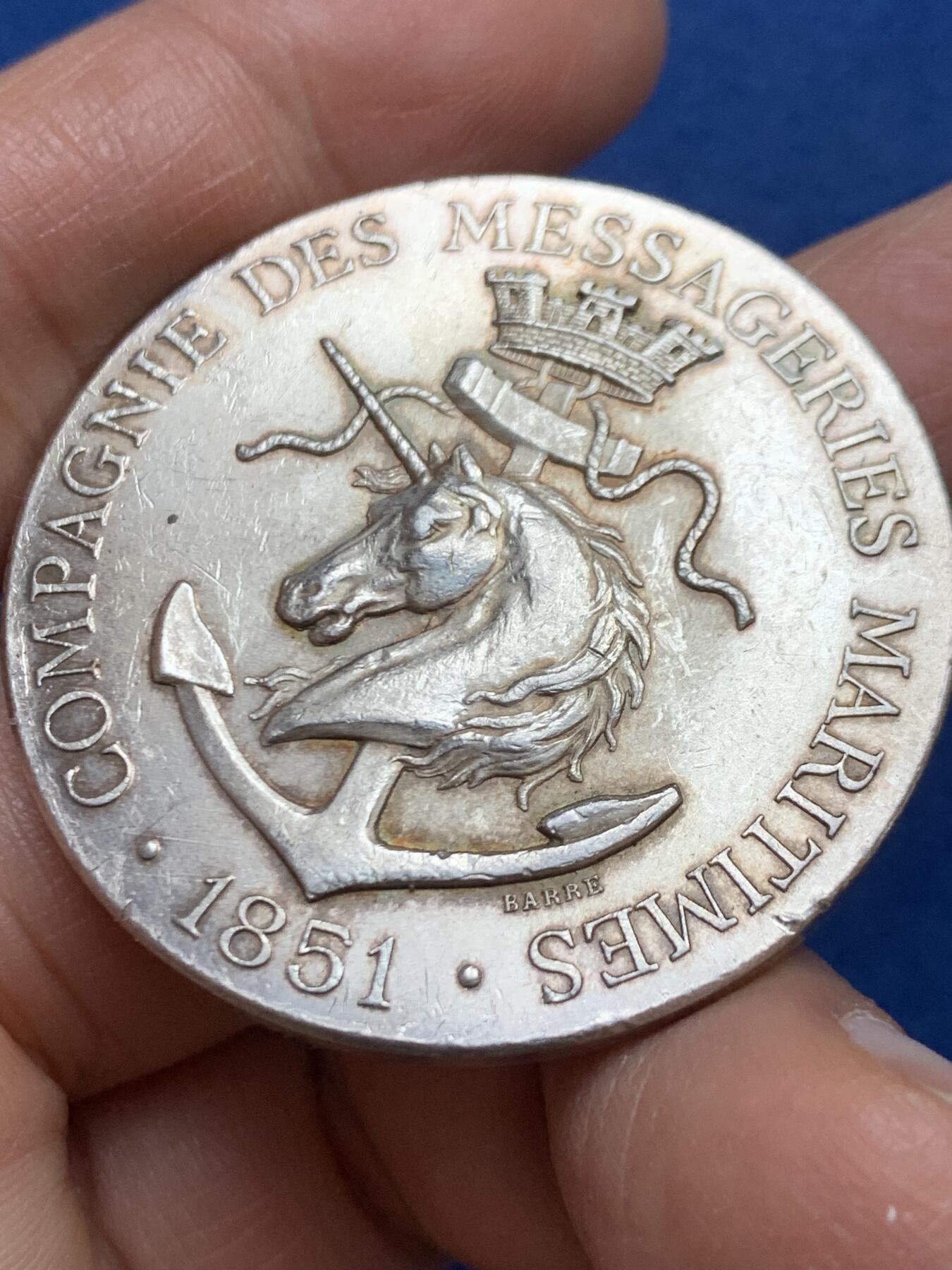 《竞宝斋》第456场 周日，周一，周二   3场连拍 （全场包邮）欢迎送拍 法国运输和铁路海事公司纪念银章 37.82克 41.3mm 丰饶角银标 