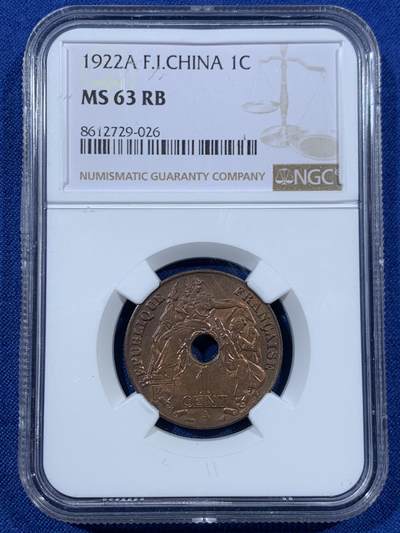 《竞宝斋》第456场 周日，周一，周二   3场连拍 （全场包邮）欢迎送拍 - NGC MS63RB 法属印支1922年A版百分之一铜币