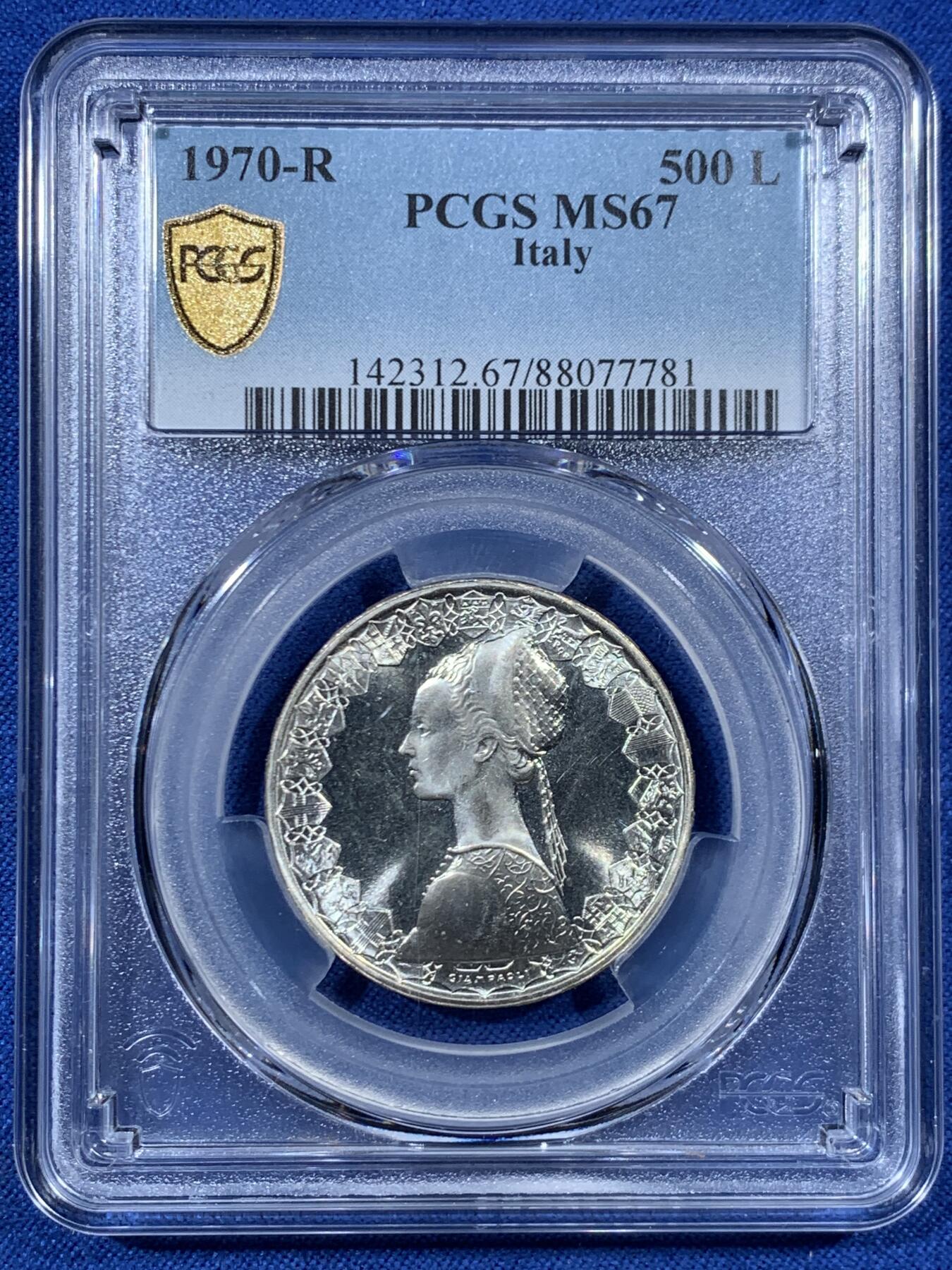 《竞宝斋》第456场 周日，周一，周二   3场连拍 （全场包邮）欢迎送拍 PCGS MS67 意大利 1970年 500里拉 银币 季军分 经典人妻设计