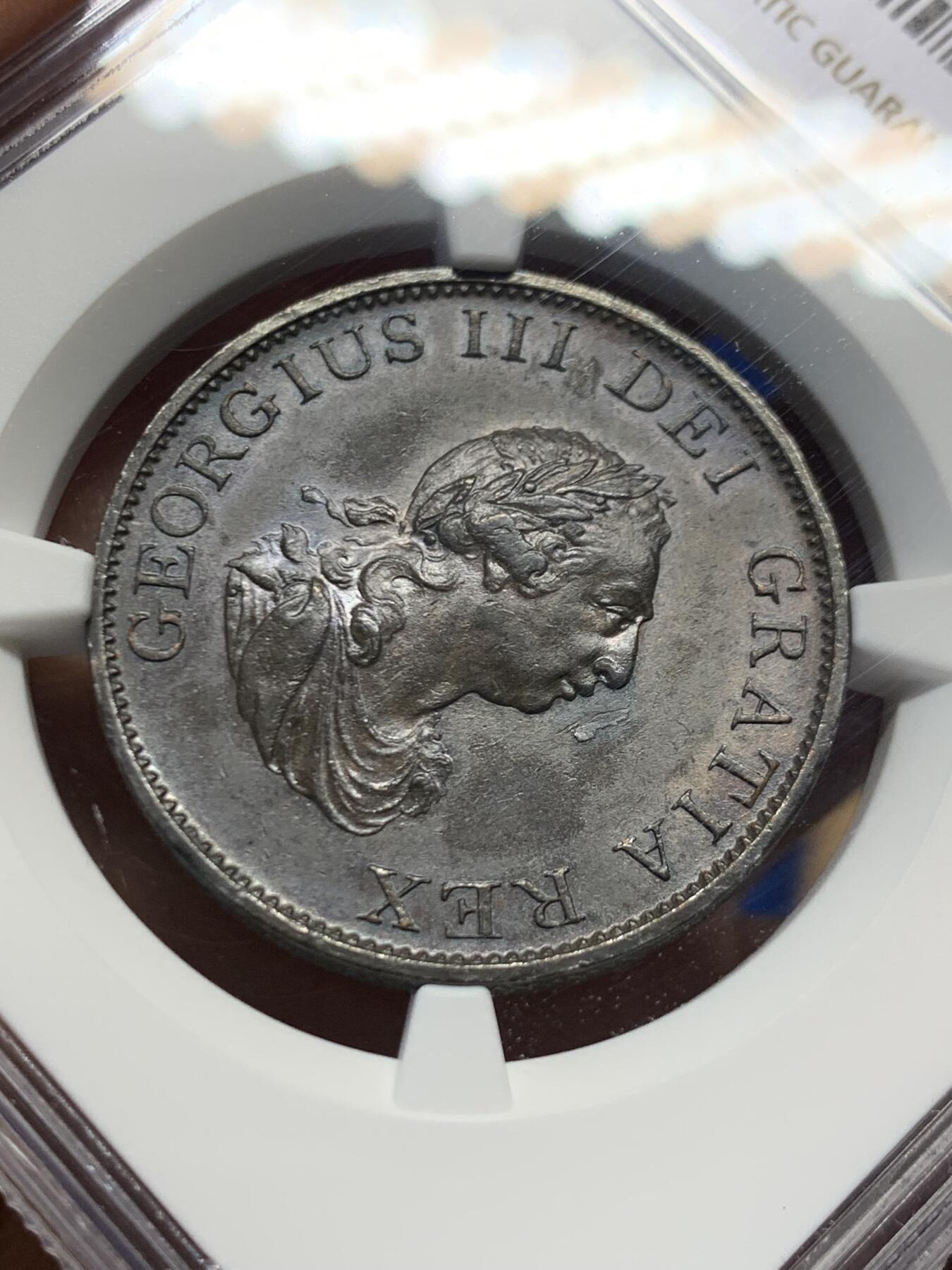 《竞宝斋》第456场 周日，周一，周二   3场连拍 （全场包邮）欢迎送拍 NGC AU58BN 英国 1799年 乔治三世 1/2便士铜币。铸造于Soho造币厂，采用了瓦特提供的蒸汽动力制造