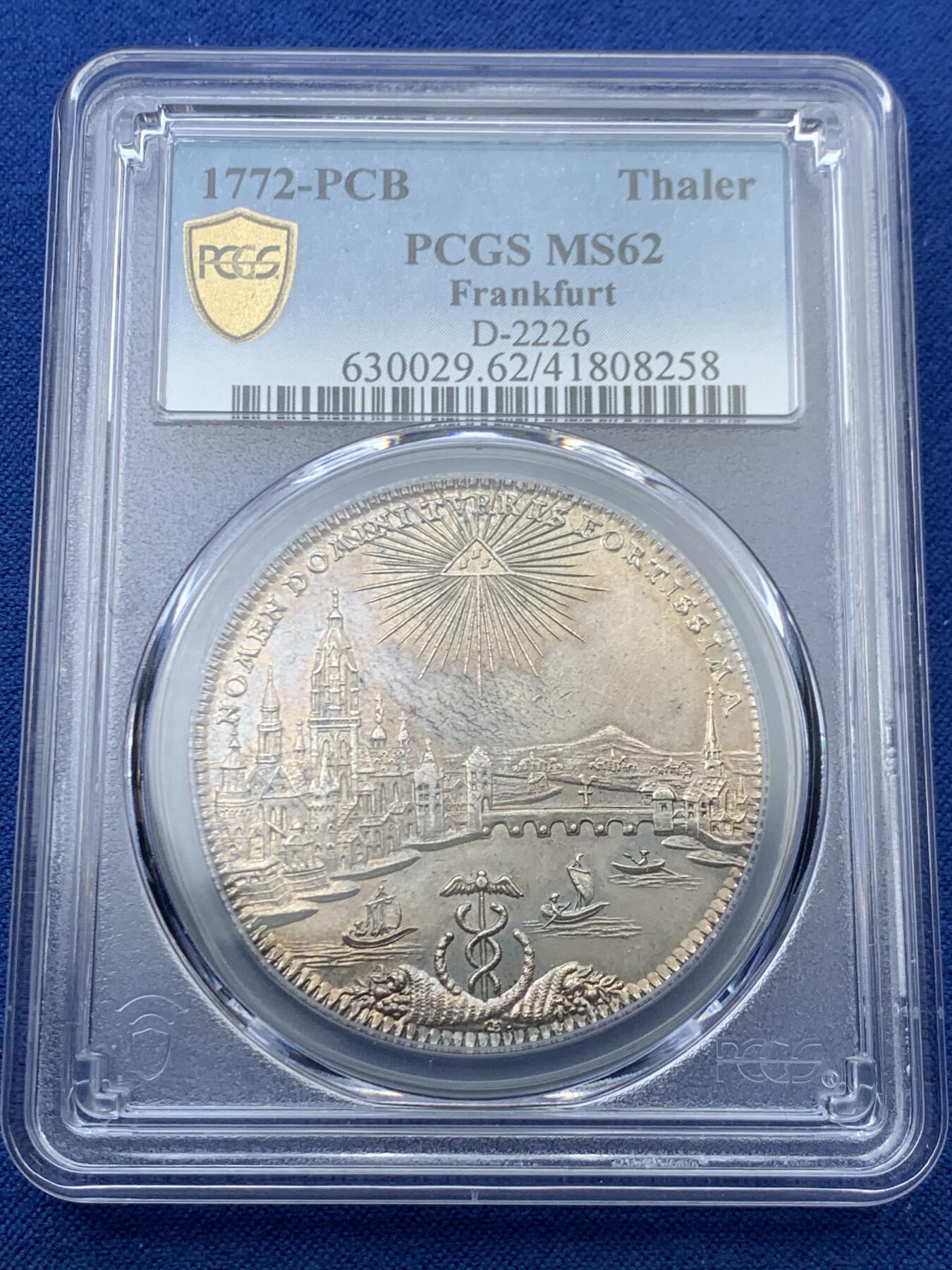 《竞宝斋》第456场 周日，周一，周二   3场连拍 （全场包邮）欢迎送拍 PCGS MS62 德国1772年法兰克福景观泰勒大银币