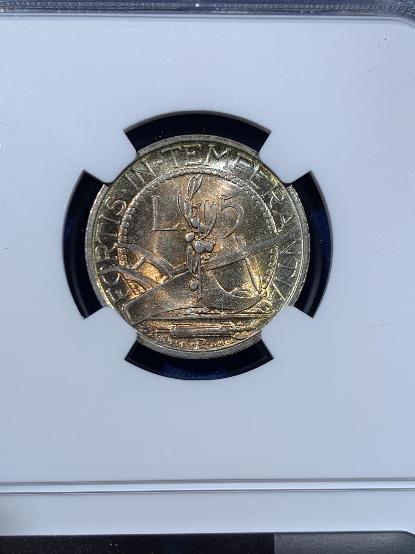 《竞宝斋》第456场 周日，周一，周二   3场连拍 （全场包邮）欢迎送拍 NGC MS65 圣马力诺1937R女神半身像5里拉银币