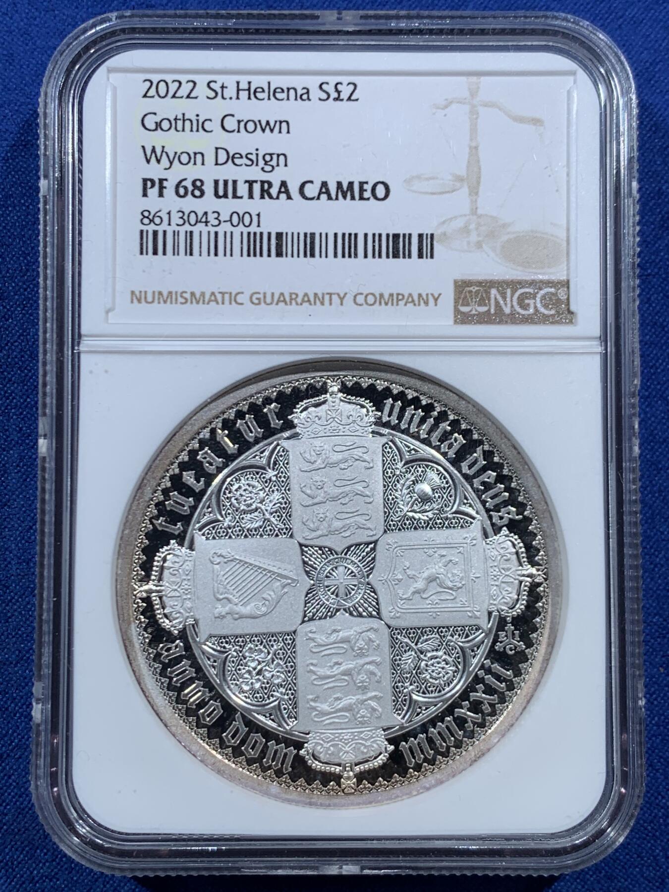《竞宝斋》第456场 周日，周一，周二   3场连拍 （全场包邮）欢迎送拍 NGC PF68UC 圣赫勒拿2022年哥特皇冠2英镑高浮雕镜面精制银币，哥特式克朗币（怀恩设计，复刻经典），重2盎司，999银，原盒，证书。