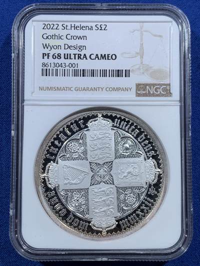 《竞宝斋》第456场 周日，周一，周二   3场连拍 （全场包邮）欢迎送拍 - NGC PF68UC 圣赫勒拿2022年哥特皇冠2英镑高浮雕镜面精制银币，哥特式克朗币（怀恩设计，复刻经典），重2盎司，999银，原盒，证书。