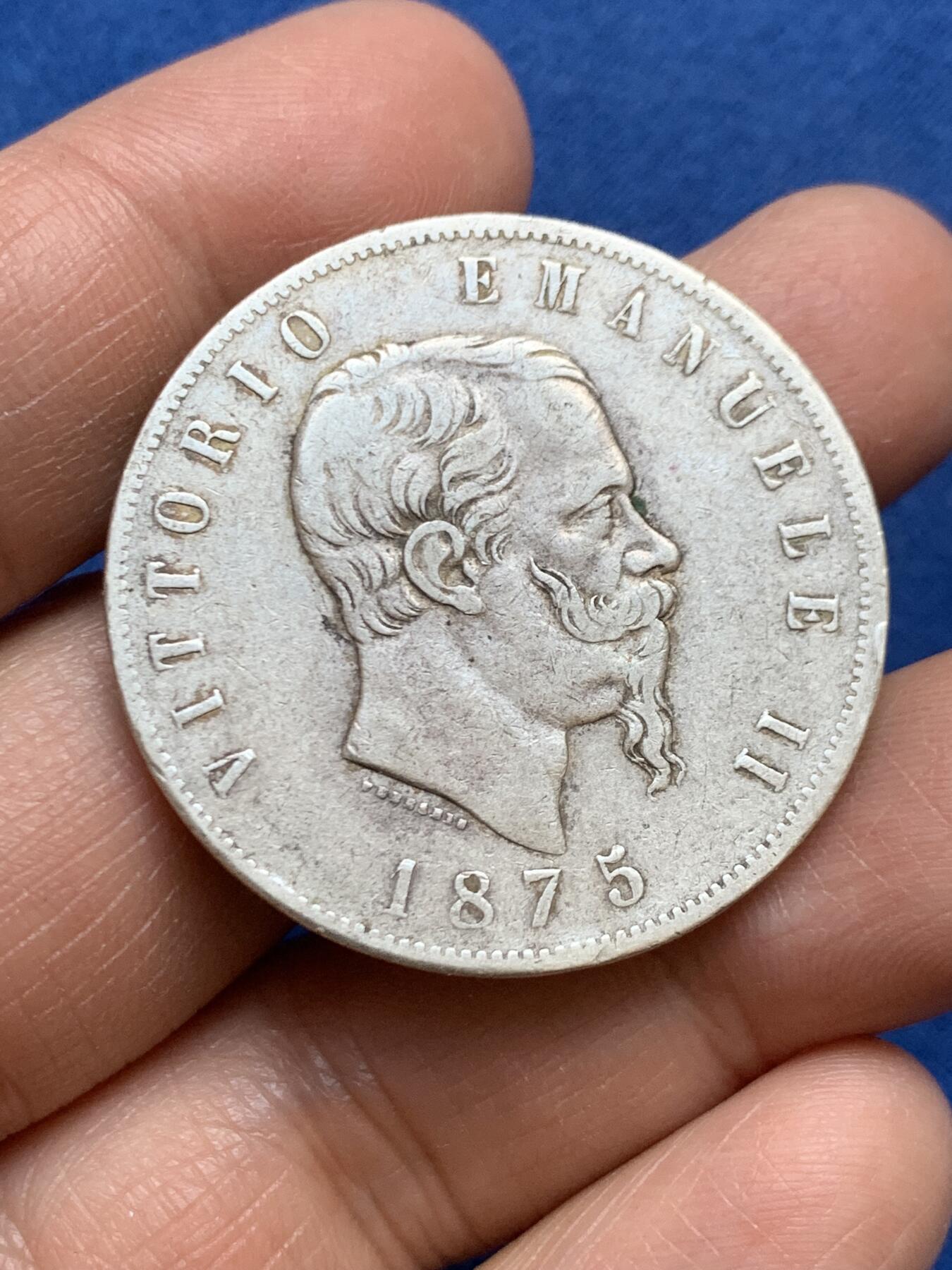 《竞宝斋》第456场 周日，周一，周二   3场连拍 （全场包邮）欢迎送拍 意大利1875年伊曼纽尔二世5里拉银币