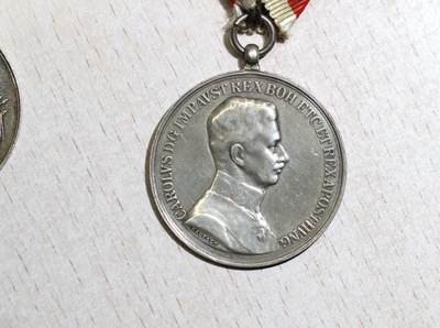 大猫徽章拍卖 第286期 奥匈帝国一战时期的勇敢奖章（Tapferkeitsmedaille），分别为弗朗茨·约瑟夫一世版与卡尔一世版，是奥匈帝国用于表彰作战英勇的军事勋章，均为银质。