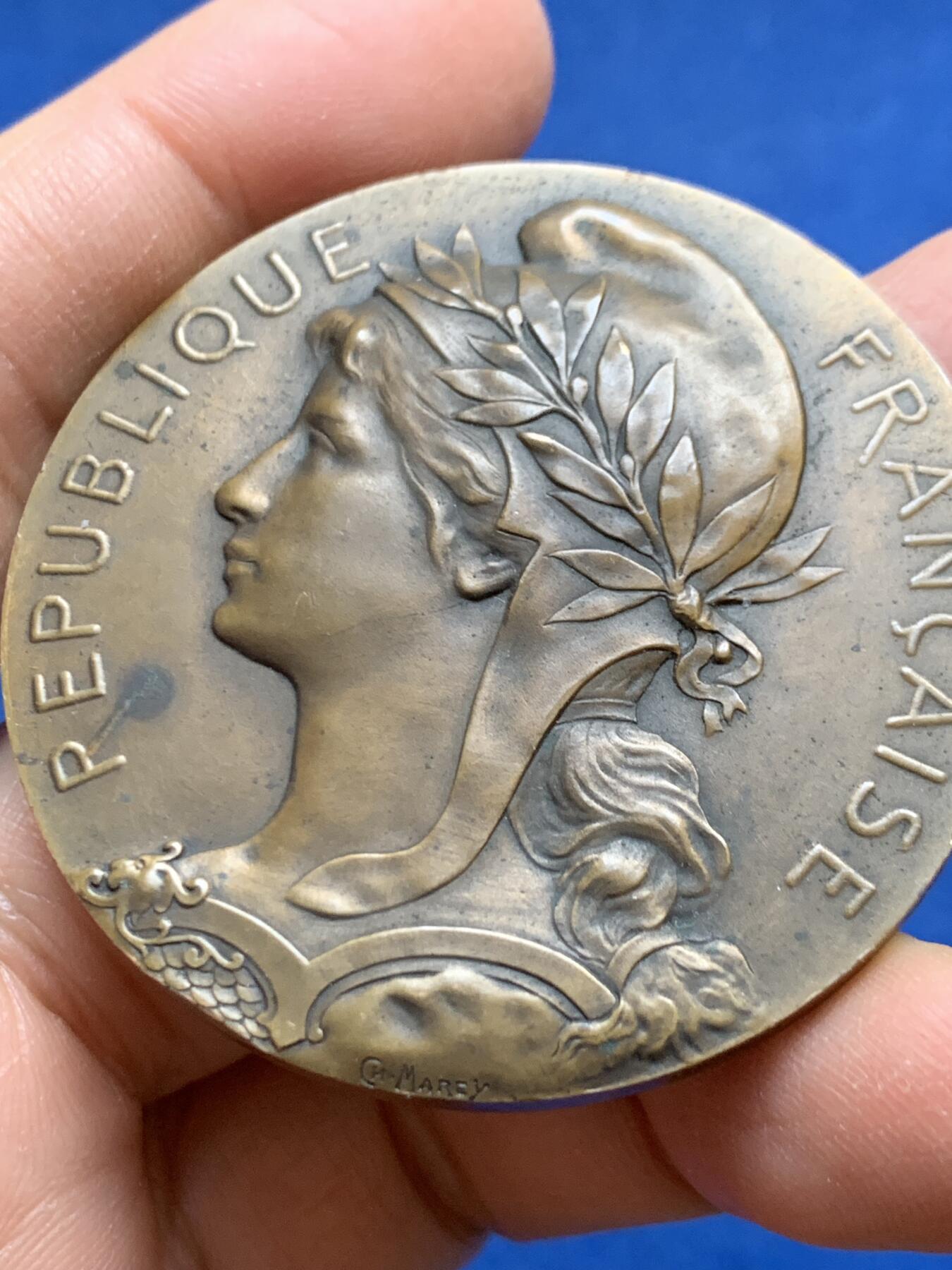 《竞宝斋》第456场 周日，周一，周二   3场连拍 （全场包邮）欢迎送拍 法国玛丽安娜女神铜章 MAREY作品 63.1克 50mm 丰饶角铜标