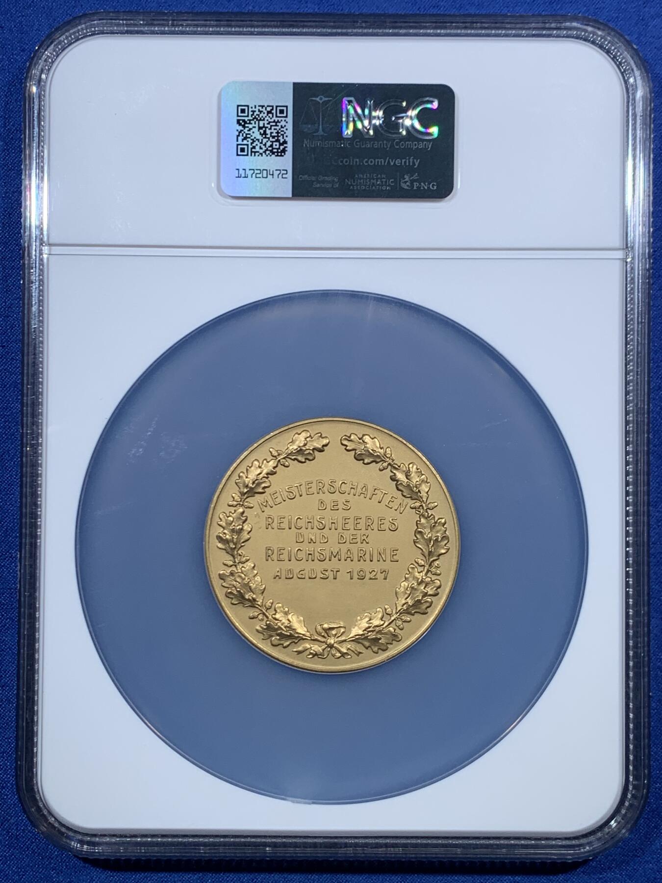 《竞宝斋》第456场 周日，周一，周二   3场连拍 （全场包邮）欢迎送拍 NGC MS63 德国1927年陆军元帅兴登堡80大寿镀金纪念高浮雕大铜章 稀少品种 金光闪闪 镀金层保存得很不错 人物惟妙惟肖