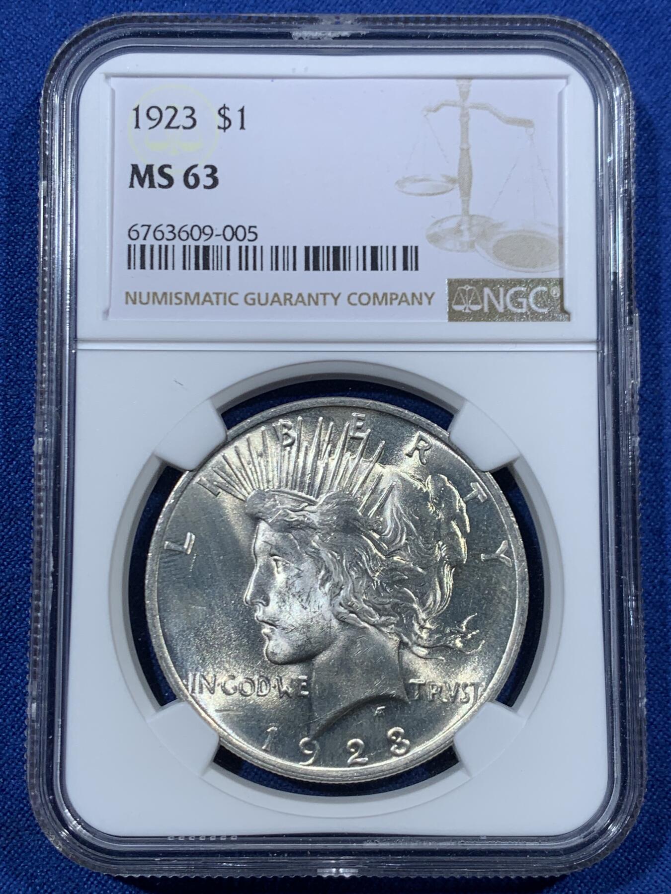 《竞宝斋》第456场 周日，周一，周二   3场连拍 （全场包邮）欢迎送拍 NGC MS63 美国 1923年 和平 1美元 银币 白亮转光