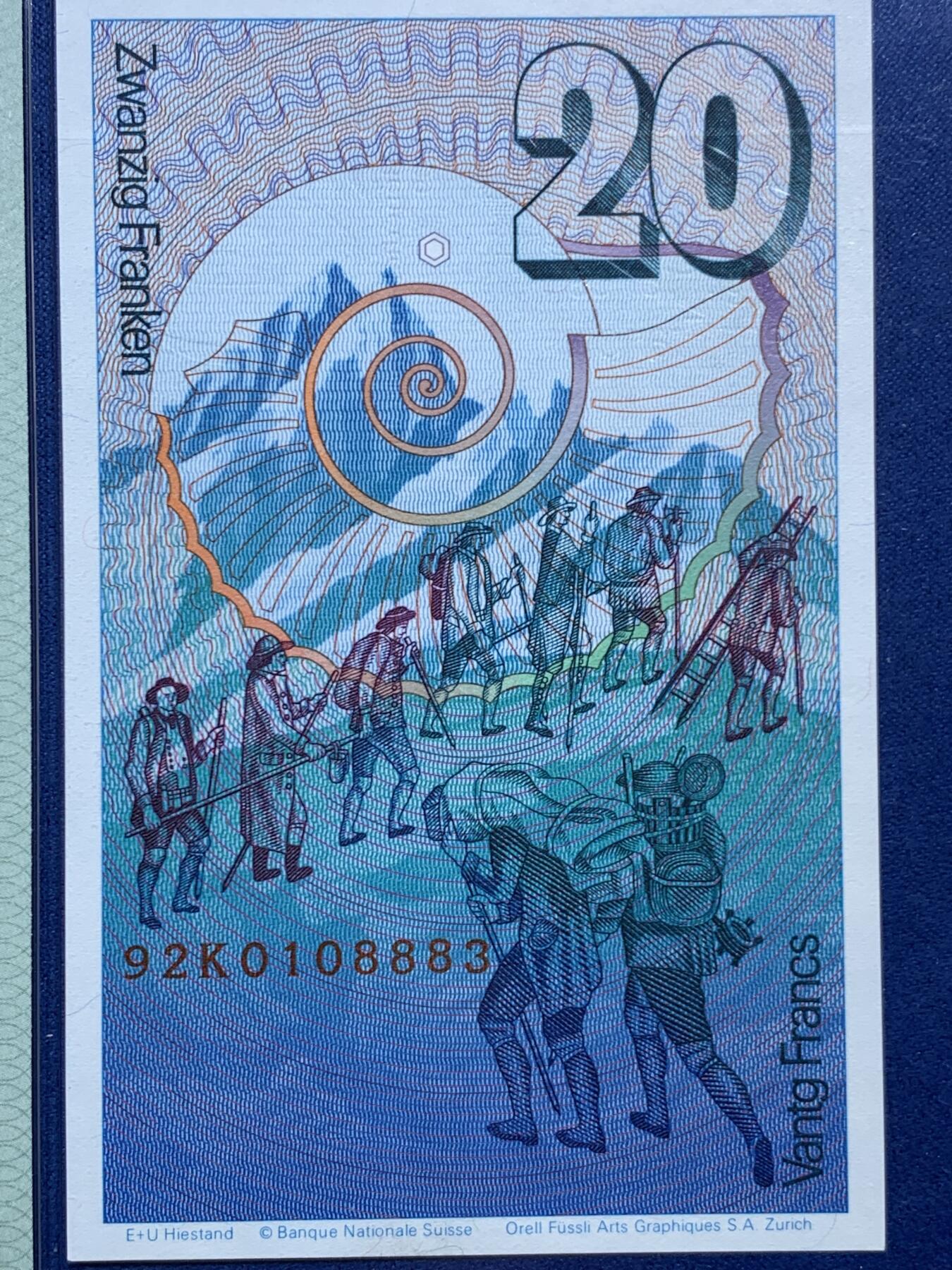 《竞宝斋》第456场 周日，周一，周二   3场连拍 （全场包邮）欢迎送拍 PMG 66EPQ 瑞士 1992年 登山家萨苏尔 20法郎