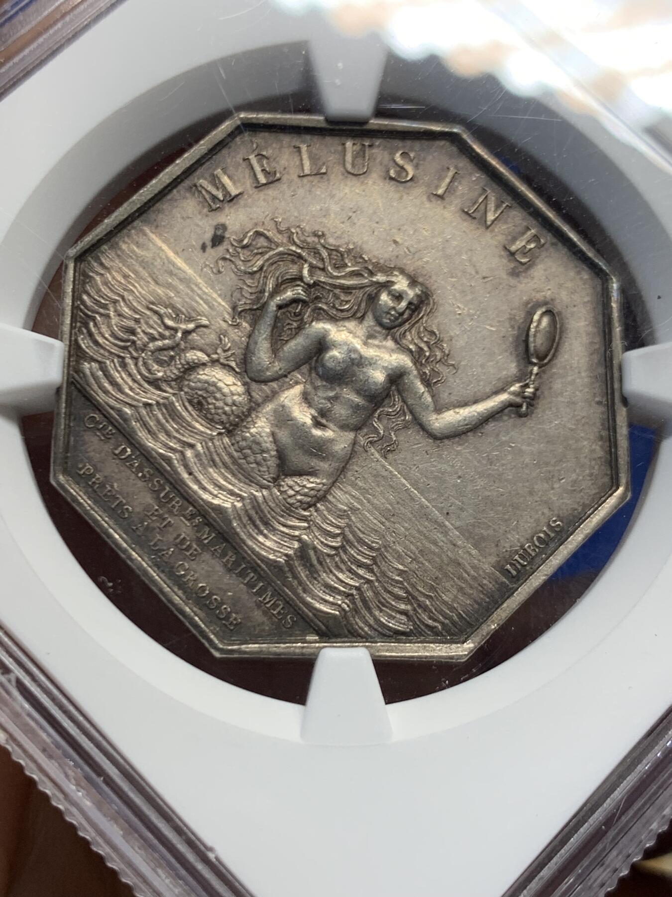 《竞宝斋》第456场 周日，周一，周二   3场连拍 （全场包邮）欢迎送拍 NGC AU58 法国海妖八角银质代币 token大名誉品 原味包浆 品相状态不错