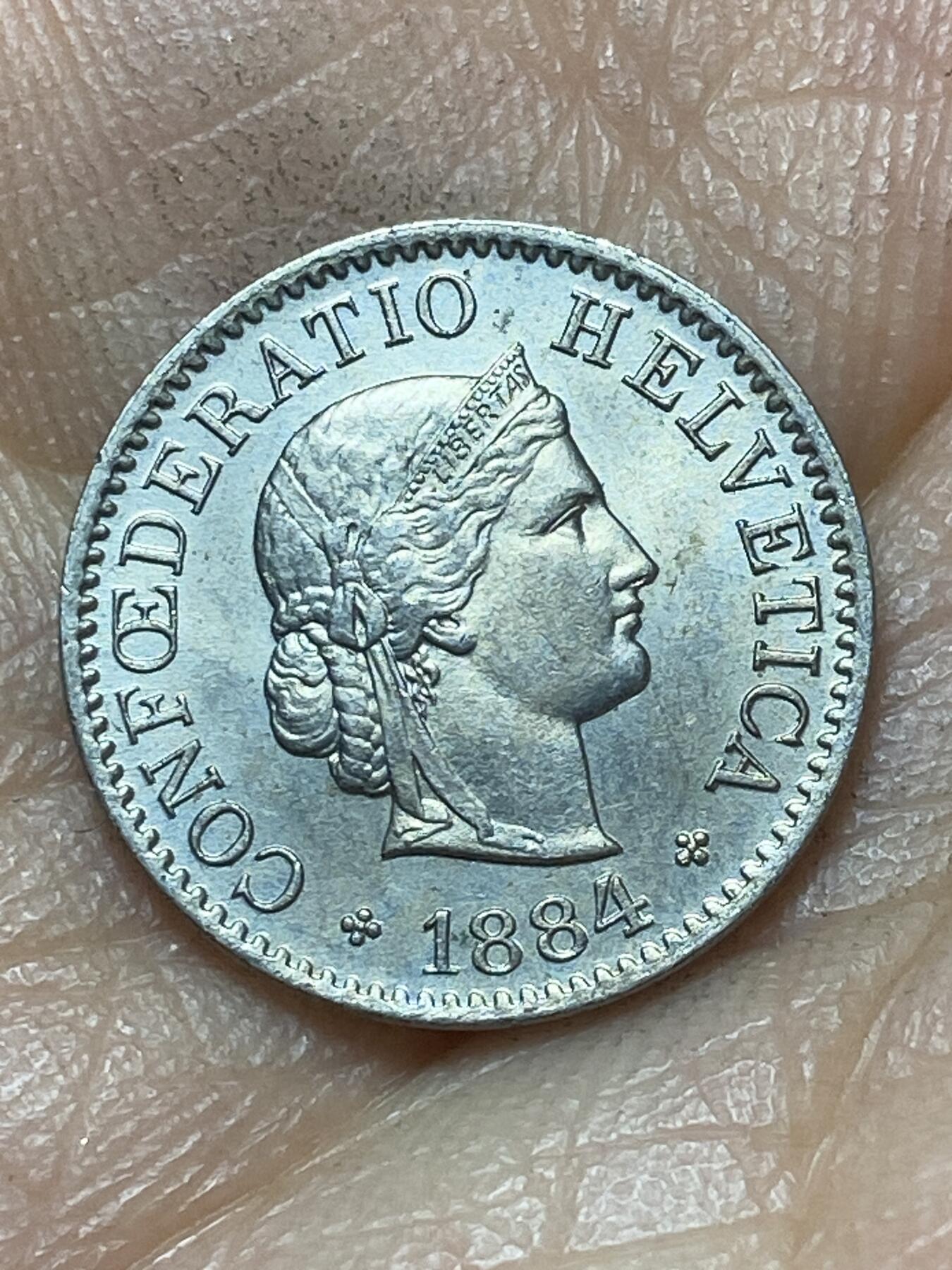 2026年第六场(总第一百七十五场）外国好品散币场(免佣金) 稀少早期年份原光好品–瑞士🇨🇭1884年5拉彭(第二版，B标伯尔尼造)