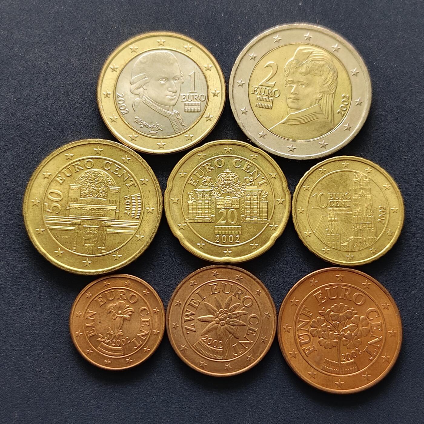 【全场包邮】纯粹捡漏拍494场 奥地利2002年首发版欧元8枚套币