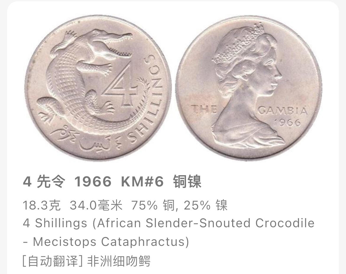 回流0119 极少 英属冈比亚1966年4英镑 非洲细吻鳄