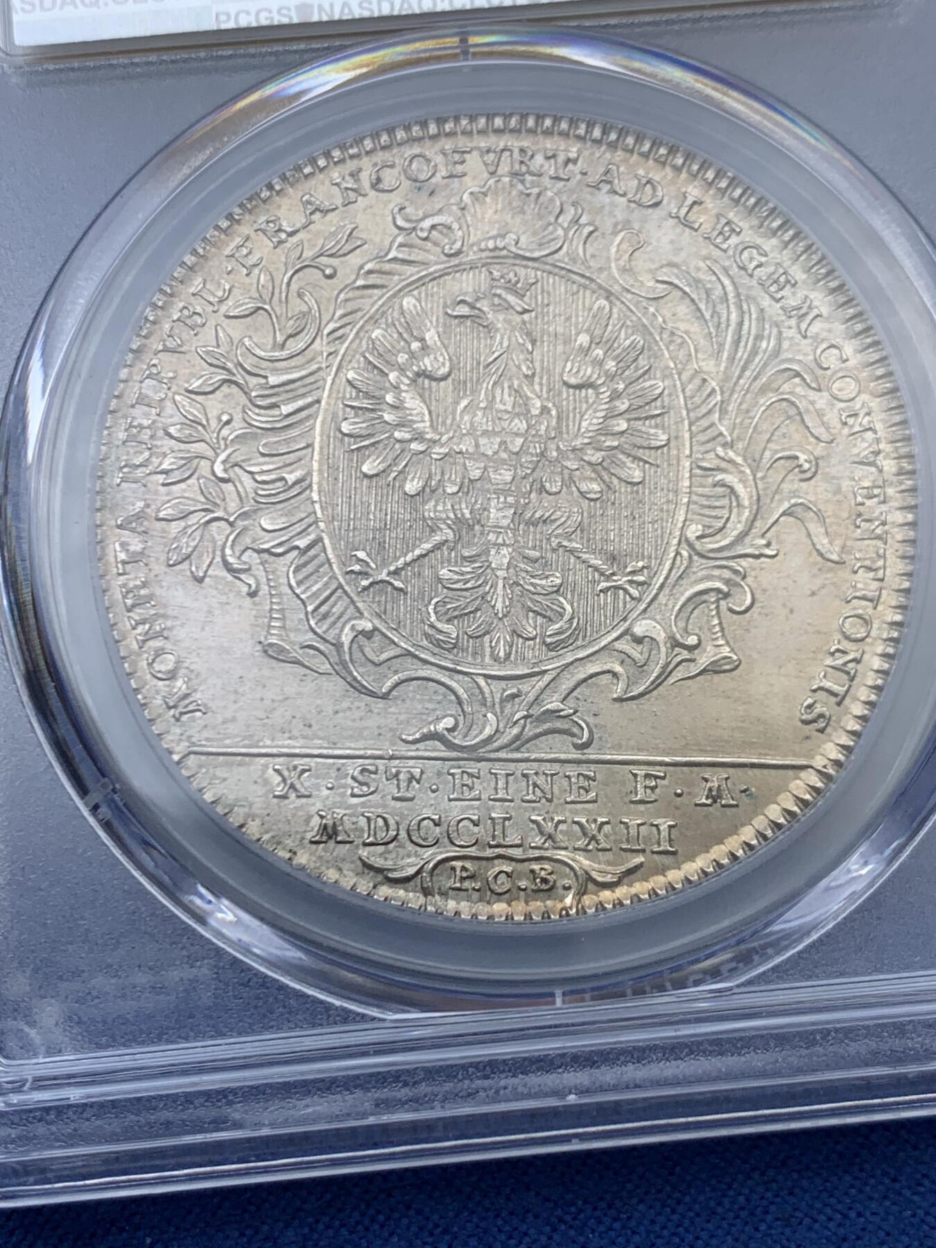 《竞宝斋》第456场 周日，周一，周二   3场连拍 （全场包邮）欢迎送拍 PCGS MS62 德国1772年法兰克福景观泰勒大银币