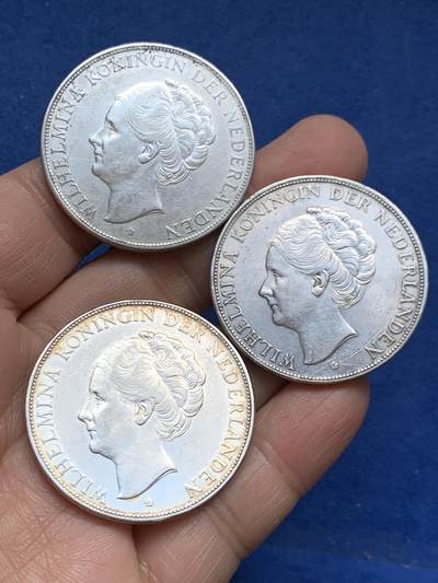 《竞宝斋》第456场 周日，周一，周二   3场连拍 （全场包邮）欢迎送拍 - 三枚一组 荷兰1930年-1932年威廉明娜女王2.5盾银币