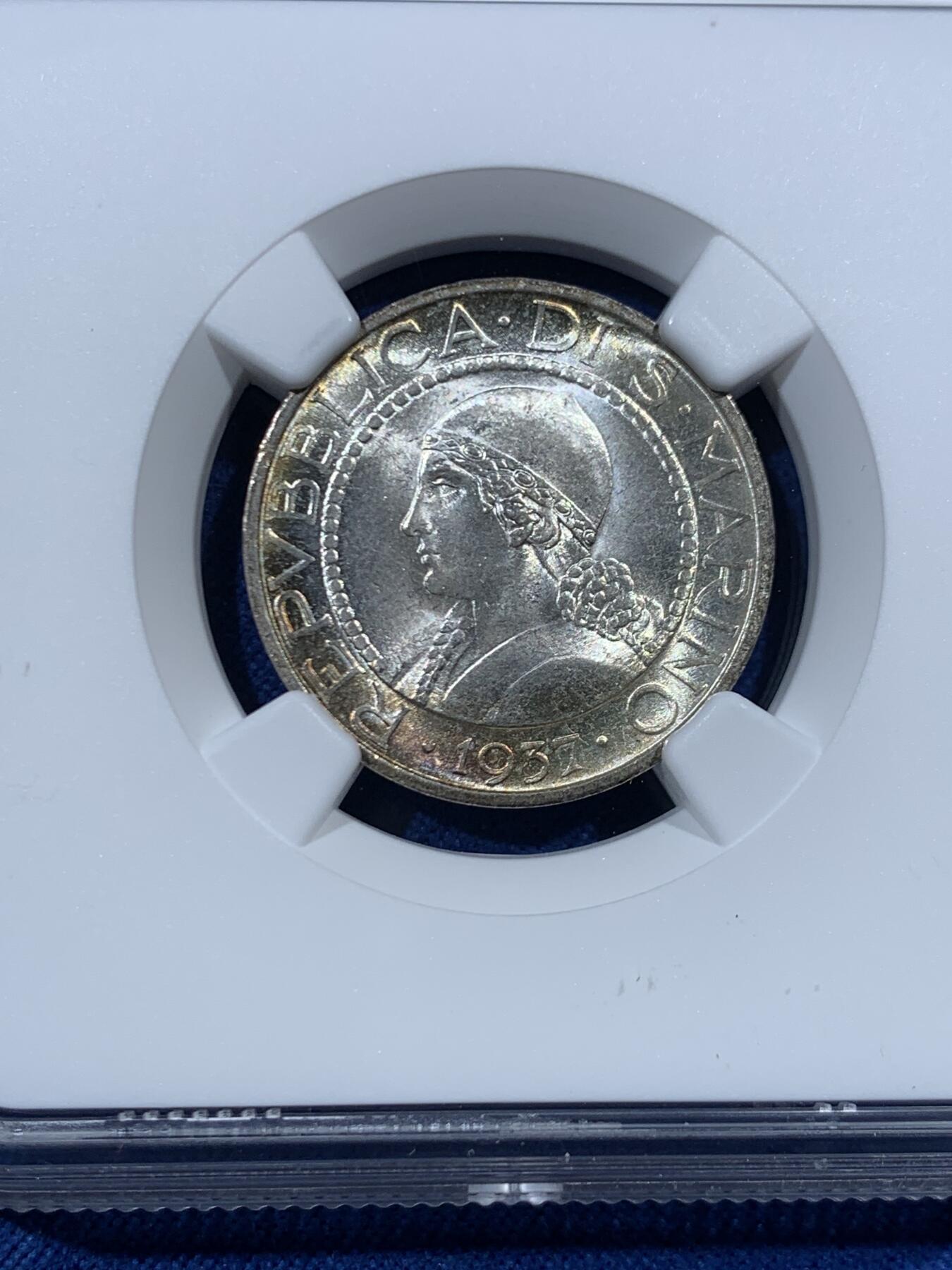 《竞宝斋》第456场 周日，周一，周二   3场连拍 （全场包邮）欢迎送拍 NGC MS65 圣马力诺1937R女神半身像5里拉银币