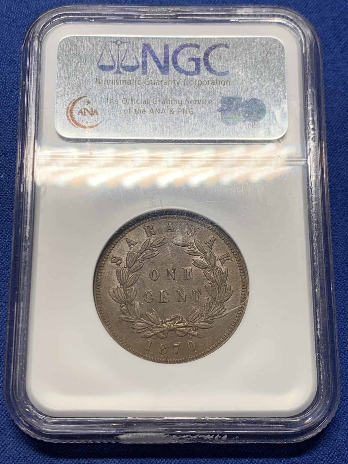 《竞宝斋》第456场 周日，周一，周二   3场连拍 （全场包邮）欢迎送拍 NGC MS62BN 沙捞越 1870年 1分铜元，早期老N盒保障，实物细节出色，铜光犹存。布鲁克首年份，东南亚早期铜币一向是拍卖热点 高分