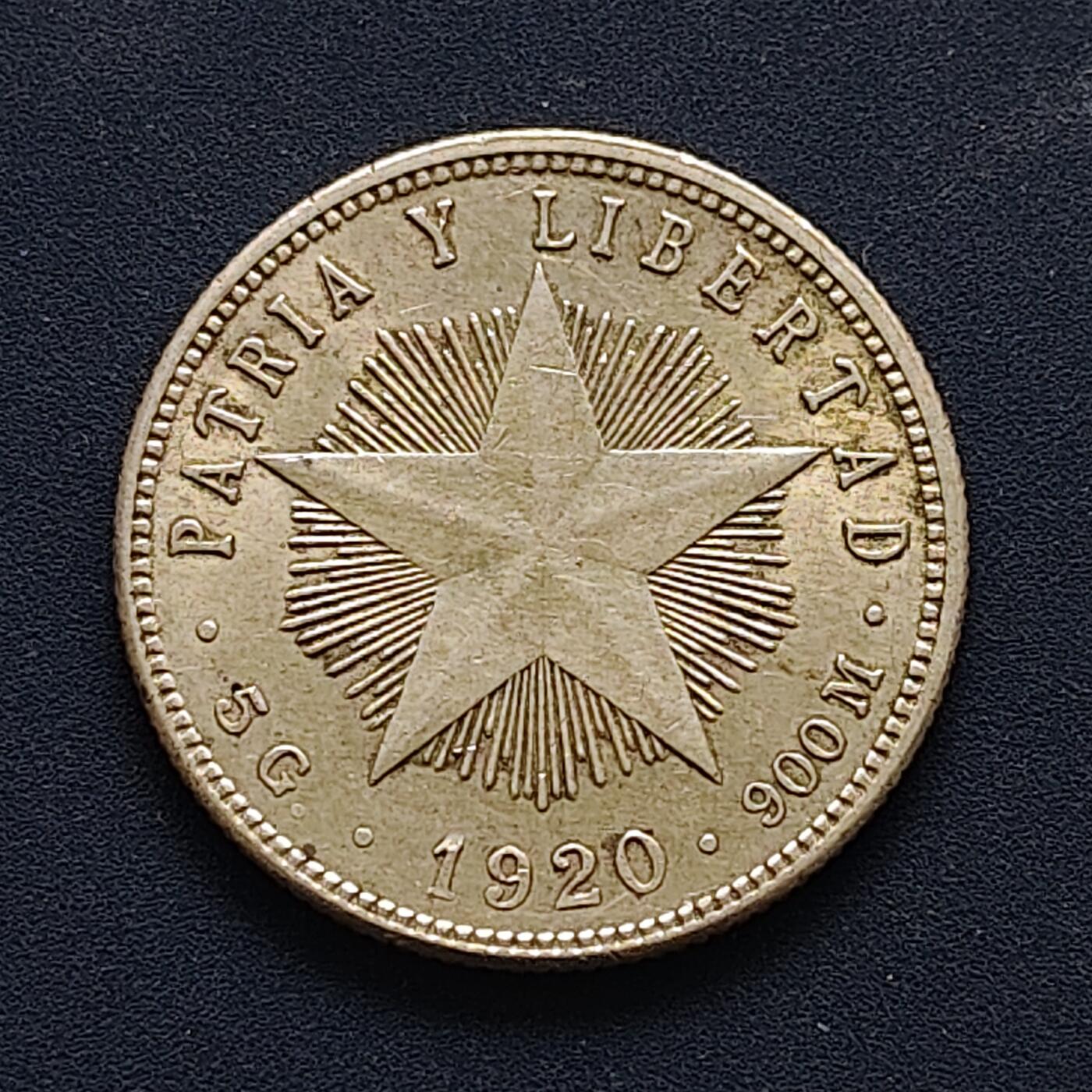 【全场包邮】纯粹捡漏拍494场 古巴1920年五星20分银币【23.3毫米5克，纯银价约90元（按20元银价折算）】