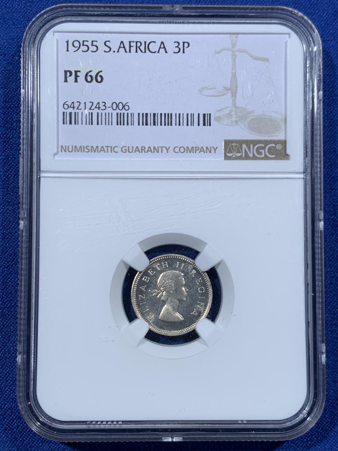 《竞宝斋》第456场 周日，周一，周二   3场连拍 （全场包邮）欢迎送拍 NGC PF66 南非1955年3P精制银币