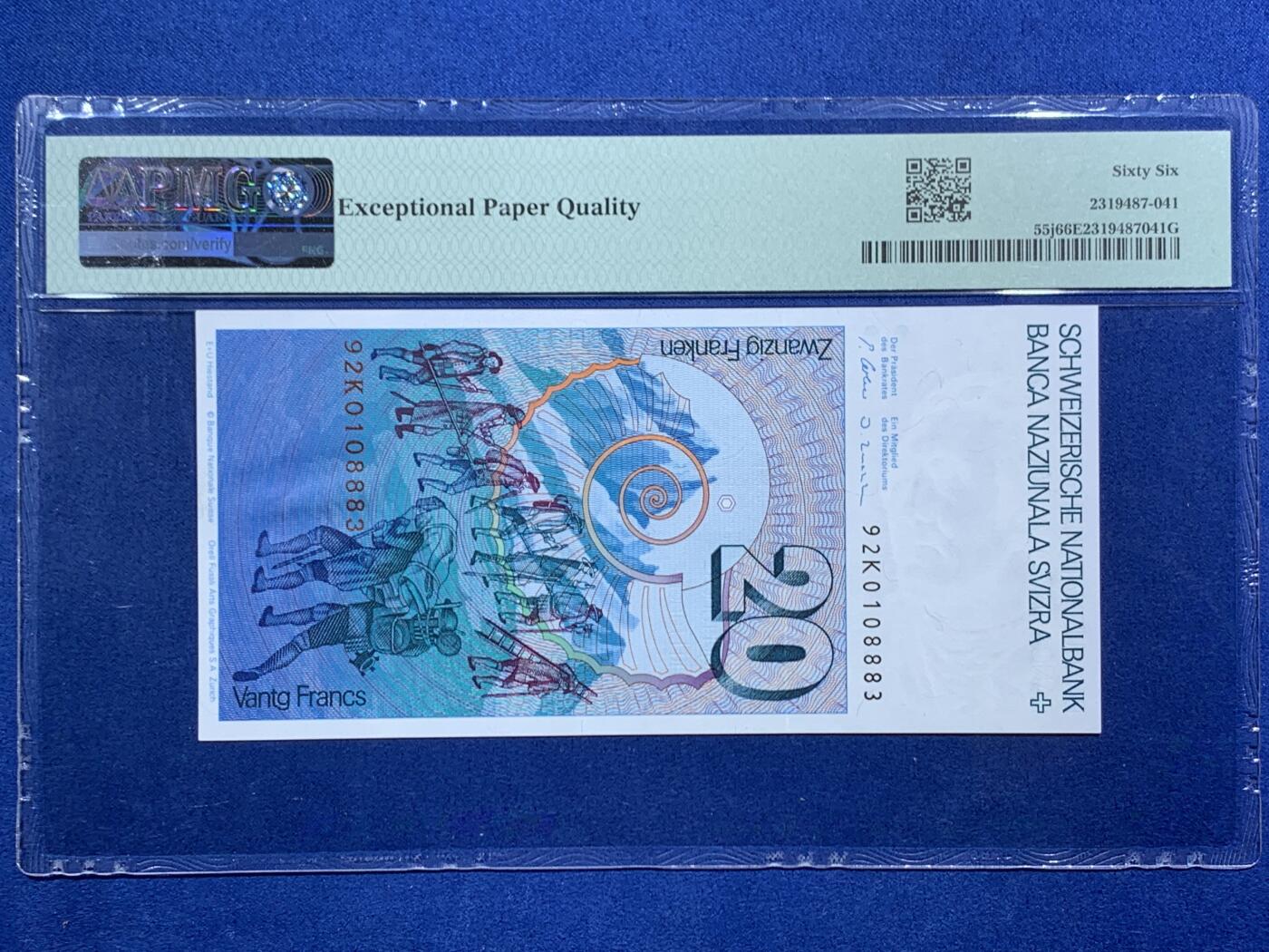 《竞宝斋》第456场 周日，周一，周二   3场连拍 （全场包邮）欢迎送拍 PMG 66EPQ 瑞士 1992年 登山家萨苏尔 20法郎