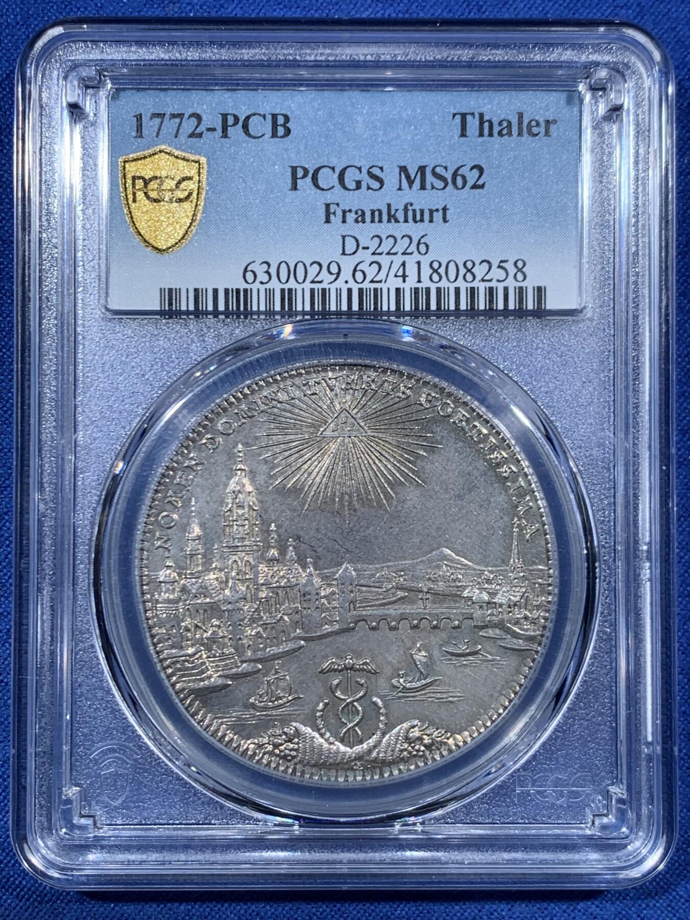 《竞宝斋》第456场 周日，周一，周二   3场连拍 （全场包邮）欢迎送拍 PCGS MS62 德国1772年法兰克福景观泰勒大银币