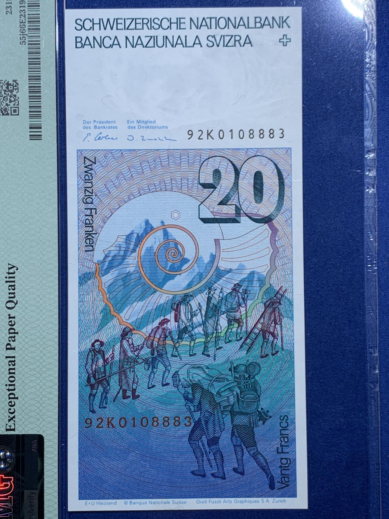 《竞宝斋》第456场 周日，周一，周二   3场连拍 （全场包邮）欢迎送拍 PMG 66EPQ 瑞士 1992年 登山家萨苏尔 20法郎