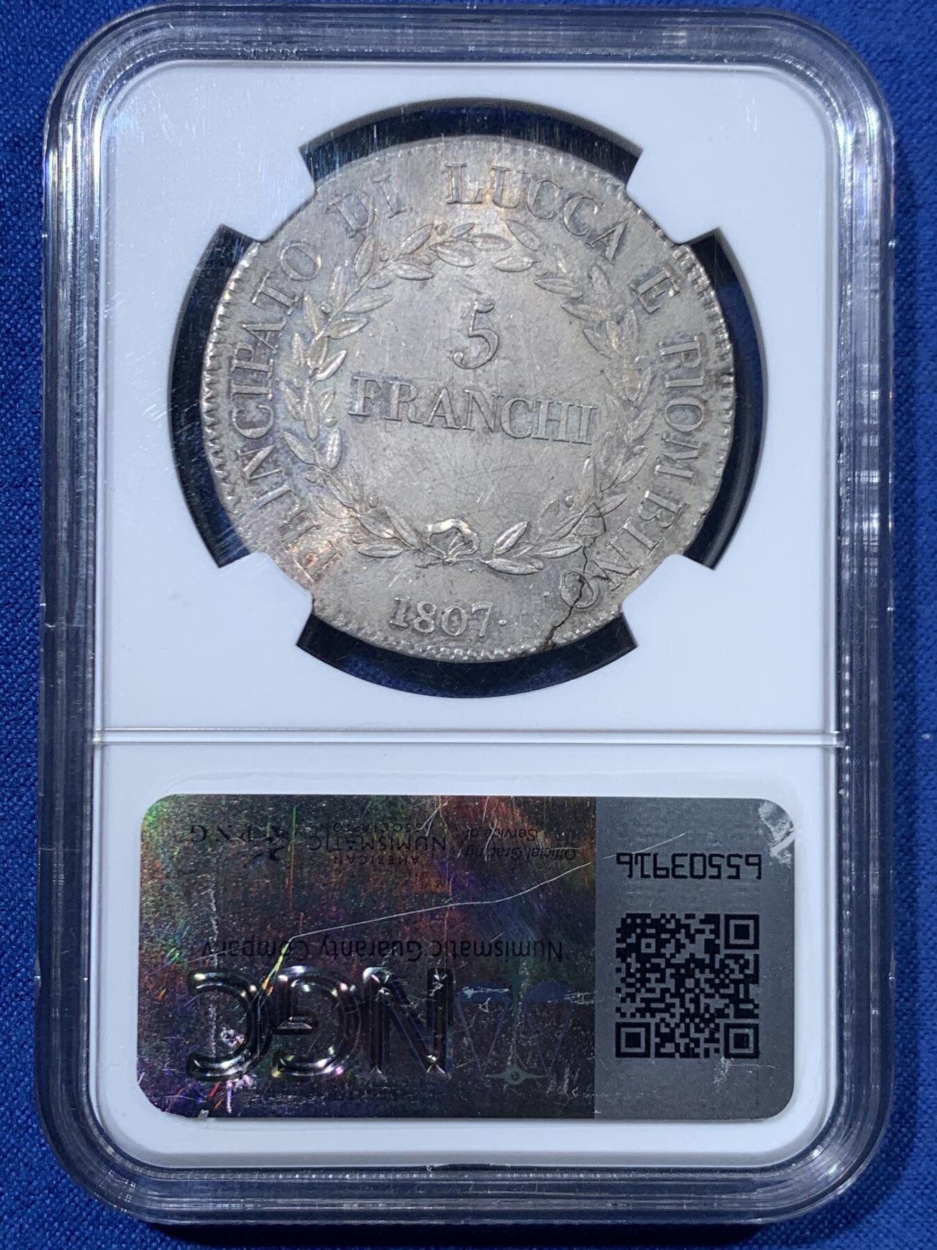 《竞宝斋》第456场 周日，周一，周二   3场连拍 （全场包邮）欢迎送拍 唯一冠军分 NGC MS64+ 意大利卢卡1807年 5法郎大银币 包浆打制都非常好 顶级状态 可遇不可求 24年64分21000成交