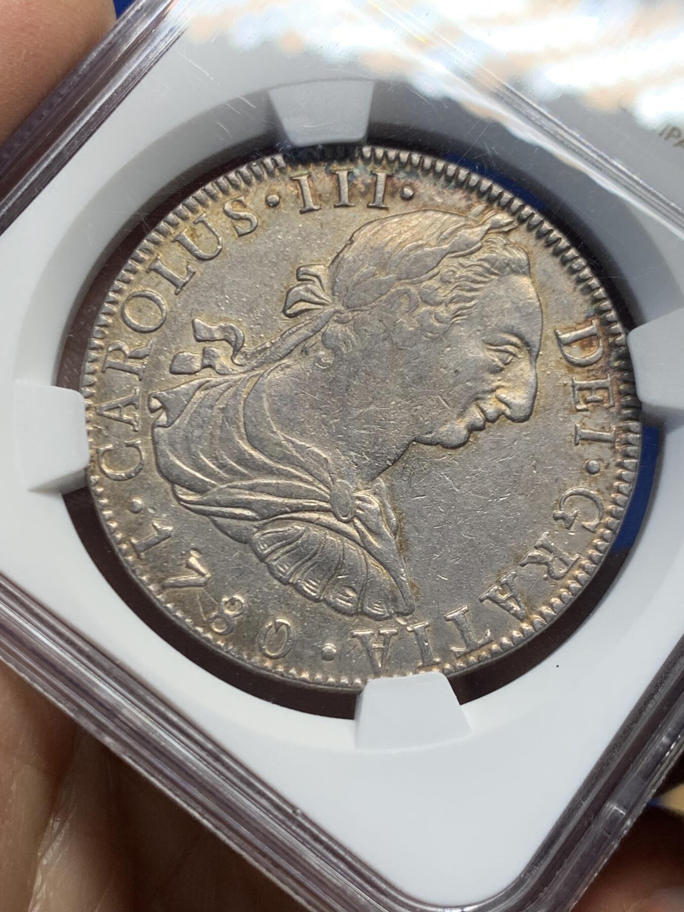 《竞宝斋》第456场 周日，周一，周二   3场连拍 （全场包邮）欢迎送拍 NGC AU55 西属墨西哥1780年卡洛斯三世像8里亚尔双柱银币