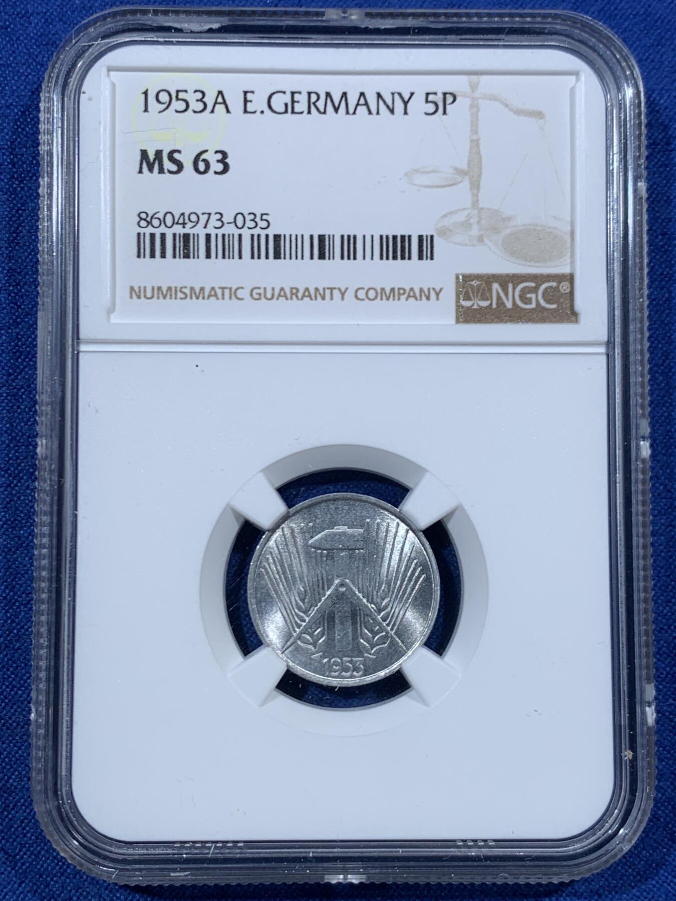 《竞宝斋》第456场 周日，周一，周二   3场连拍 （全场包邮）欢迎送拍 NGC MS63 东德1953年5芬尼早期铝币 好品少见