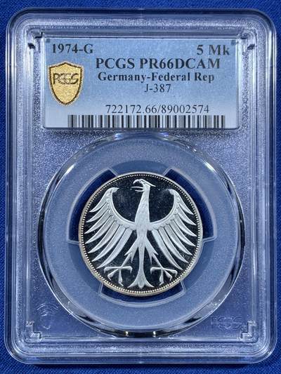 《竞宝斋》第456场 周日，周一，周二   3场连拍 （全场包邮）欢迎送拍 - PCGS PR66DCAM 德国 1974G 无毛鹰5马克精制银币