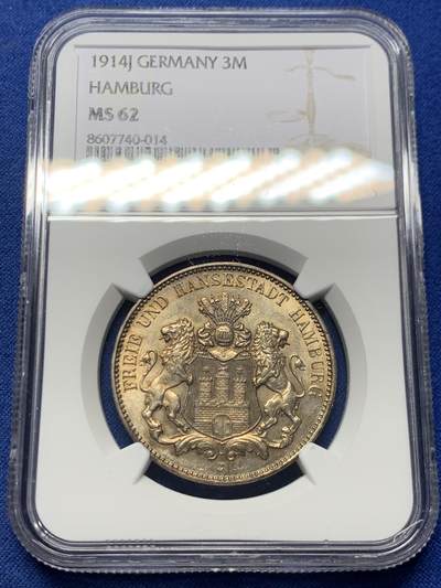 《竞宝斋》第456场 周日，周一，周二   3场连拍 （全场包邮）欢迎送拍 - NGC MS62 德国 1914年 汉堡双狮3马克银币 黄油彩