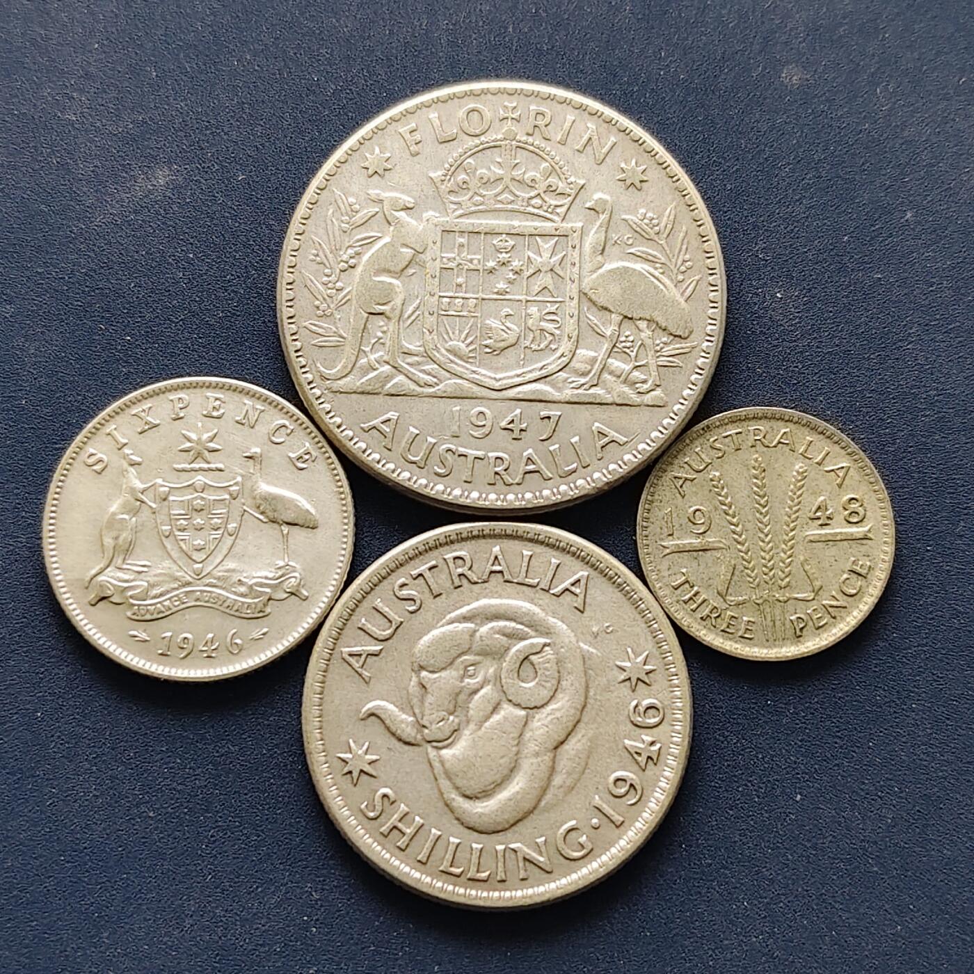 【全场包邮】纯粹捡漏拍494场 澳大利亚1946-1948年乔治六世全银4枚套币【银含量参见附表，约211元（按20元银价折算）】
