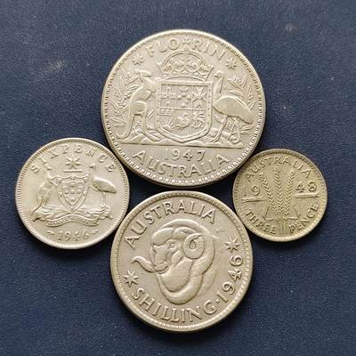 【全场包邮】纯粹捡漏拍494场 - 澳大利亚1946-1948年乔治六世全银4枚套币【银含量参见附表，约211元（按20元银价折算）】