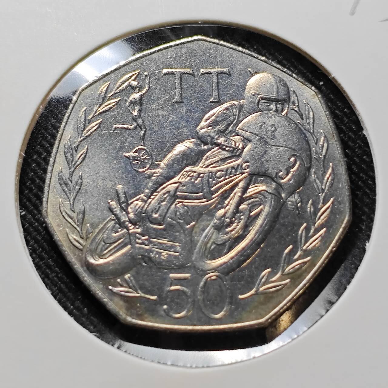 KK钱币收藏小铺  第400期  百期特拍（四拍之四）2月预留时间 周末发货  1981马恩岛50便士 摩托车比赛纪念